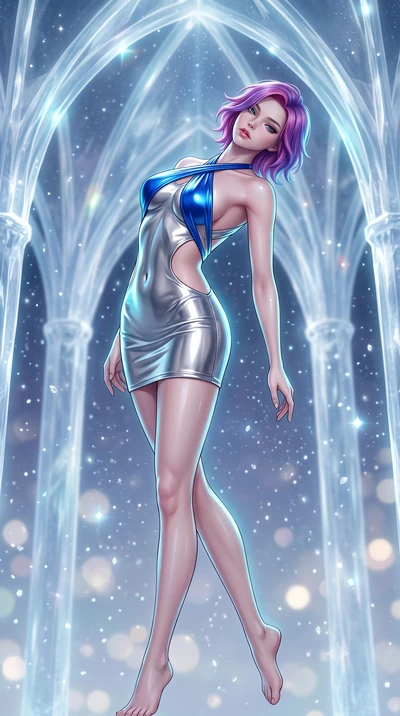 score_9, masterpiece, best quality, ultra-detailed, high-budget anime keyframe, semi-realistic 3D game render, editorial fashion photography, tasteful artistic composition, Caucasian woman. low angle full-body shot from head to toe showing her feet, 