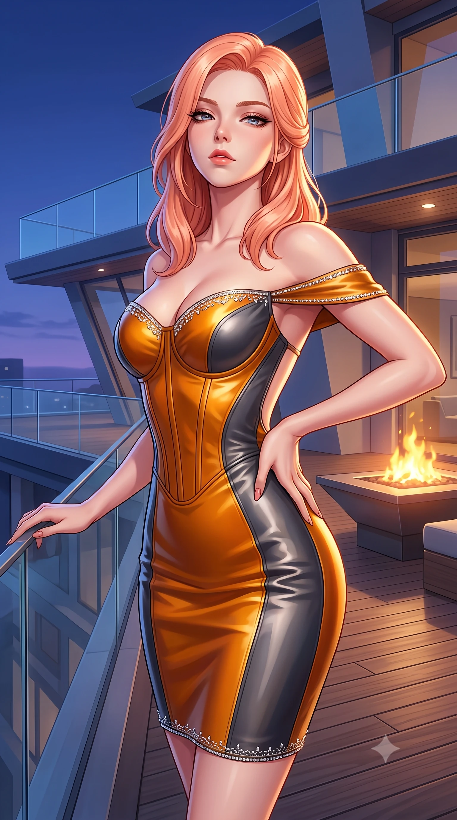 score_9, masterpiece, best quality, ultra-detailed, high-budget anime keyframe, semi-realistic 3D game render, editorial fashion photography, tasteful artistic composition, Japanese woman. close-up cowboy shot from the waist and thighs up, the character dominates the composition, filling the frame with her large presence. tilting her chin up with proud, sovereign allure while gazing through thick eyelashes, one hand resting on her waist in pure supermodel charisma while resting both hands on the low glass railing with lower back arched, casting an alluring over-the-shoulder bedroom-glance toward the camera. The surrounding environment is rendered in vivid detail and crisp panoramic clarity. crystal-clear penthouse glass railings, modern teak wood decking, and sharp architectural angles in deep focus. She has an exceptionally elegant, slender, and willowy female figure with an ultra-slim waist, a gracefully sculpted slender torso, toned flat midriff, and rounded feminine hips creating an alluring hourglass silhouette. sharp v-shaped jawline, high-bridge nose, intricate jewel-like eyes with depth, thick eyelashes, glossy parted lips with a natural sheen, intensely captivating and seductive bedroom-eyes expression, flawlessly proportioned anatomical accuracy, strict slender model proportions, natural body alignment, perfectly sculpted long slender limbs, ultra-slim waistline, clean dynamic posture without body distortion. wearing a statuesque off-shoulder evening dress with a boned corset bodice and bodycon silhouette in molten amber-gold and dark gunmetal, crafted from second-skin supple lambskin leather with specular sheen, finished with delicate crystal embroidery along the neckline and hem, the dramatically scooped open back descending to the base of her spine, accentuating her razor-sharp statuesque lines and curvy hourglass silhouette. bathed in twilight indigo sky tones and warm amber rooftop fire pit glow. highly saturated vibrant anime colors, detailed shading with soft gradients, rich glossy textures, high-contrast stereoscopic depth, volumetric dynamic lighting, master piece, 9:16 ratio