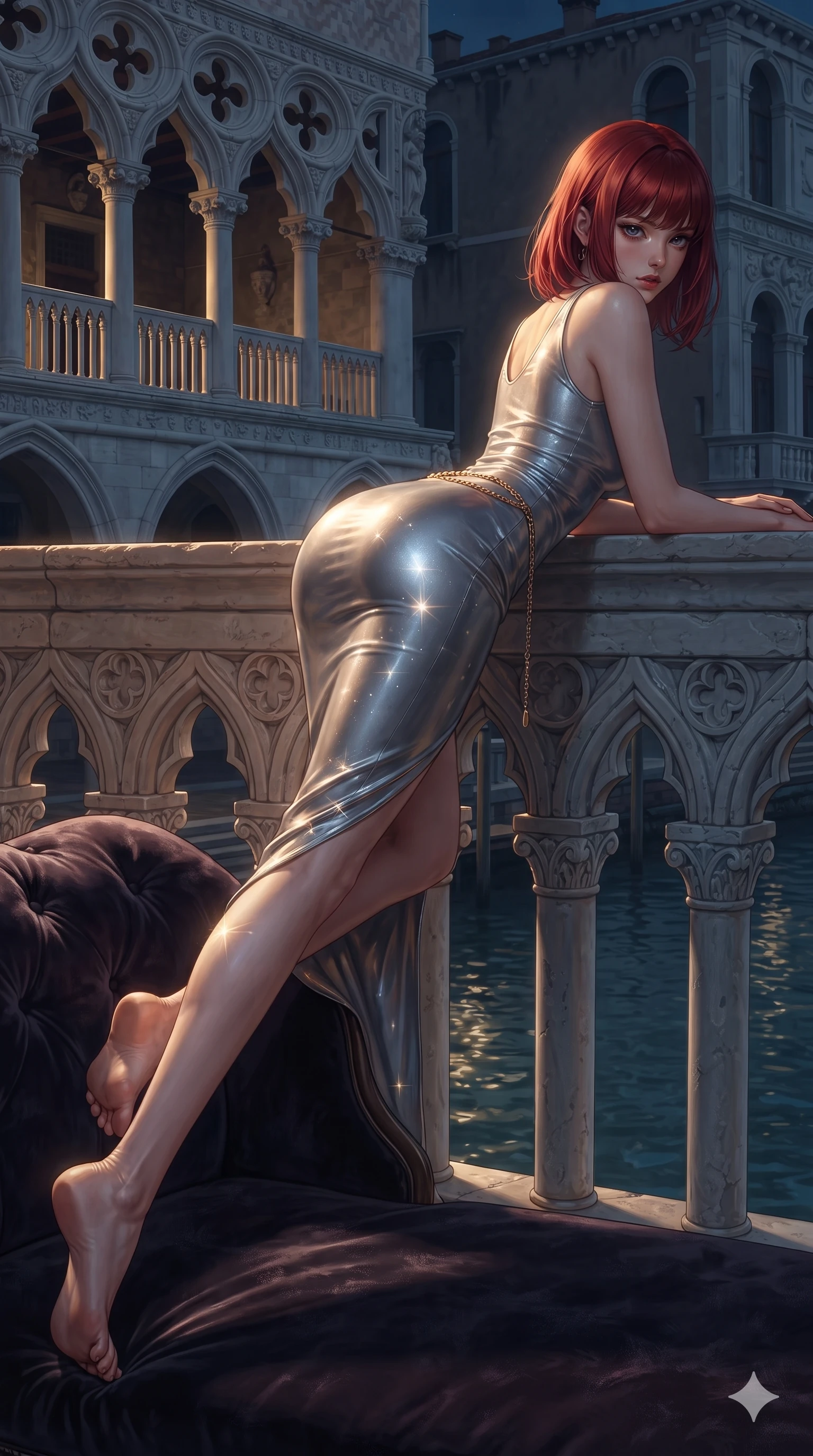 score_9, masterpiece, best quality, ultra-detailed, high-budget anime keyframe, editorial fashion photography, tasteful artistic composition, Caucasian woman. low angle full-body shot from head to toe showing her feet, filling the entire 9:16 vertical frame with her statuesque presence, stretching her vertical silhouette. reclining gracefully across the plush chaise lounge with one leg extended, her sculpted silhouette and flat midriff radiating magnetic nocturnal glamour while leaning forward over the carved stone gothic balustrade with hips cocked back, looking back with sleepy seductive bedroom-eyes as water reflections dance across her silhouette. The surrounding environment is rendered in vivid detail and crisp panoramic clarity: detailed haute-couture liquid-silk drape, metallic clasp accents, and monumental Venetian architecture in razor-sharp precision. She has an exceptionally tall and slender model-like 8.5-heads proportion, an ultra-slim waist, a flat toned midriff, narrow delicate ribcage, and beautifully sculpted feminine hips creating a graceful, slim hourglass silhouette without any bulky heaviness, with impossibly long slender legs. sharp v-shaped jawline, high-bridge nose, intricate jewel-like sparkling eyes with depth, thick eyelashes, glossy parted lips with a natural sheen, intensely captivating and seductive bedroom-eyes expression, exuding both youthful cute charm and sovereign luxury allure, flawlessly proportioned anatomical accuracy, strict slender model proportions, natural body alignment, perfectly sculpted long slender limbs, ultra-slim waistline, clean dynamic posture without body distortion. wearing a form-fitting liquid mercury jersey evening dress clinging smoothly to her narrow waist and rounded hips in shimmering silver mercury and pearl white, woven from stretch metallic lurex jersey casting radiant starlight glints across her curves, accented with a delicate gold chain belt resting loosely on her curvy hips, the impeccably tailored cut draping gracefully along her slender figure with aristocratic poise. bathed in the soft romantic 2800K dawn light reflecting off the tranquil canal waters with delicate warm golden highlights. ultra-reflective glossy finish, specular highlights, rich textural contrasts, high-contrast stereoscopic depth, volumetric dynamic lighting, 2k, ultra detail, master piece, 9:16 ratio