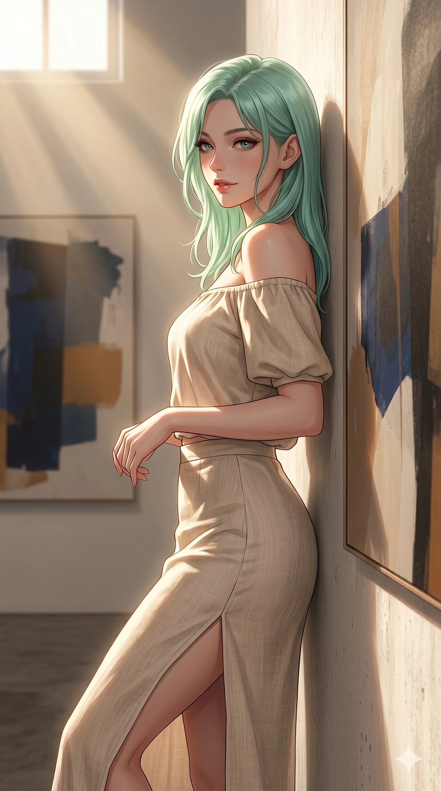 score_9, masterpiece, best quality, ultra-detailed, high-budget anime keyframe, editorial fashion photography, tasteful artistic composition, Japanese woman. cowboy shot from the thighs up, character and outfit filling the frame for maximum editorial presence. leaning against a gallery wall, looking over her shoulder with a smoldering half-smile inside a quiet, sunlit art gallery with large abstract paintings (Code-P16-030). She has an absolutely perfect 8-heads proportion, an exceptionally tall and slender female figure with impossibly long slender legs and an ultra-slim waist. V-shaped jawline, high-bridge nose, intricate jewel-like eyes with depth, thick eyelashes, glossy lips with a natural sheen. wearing a beige off-shoulder top showing her elegant clavicle, paired with a split linen skirt. drenched in soft morning sunbeams flowing from a high window, creating a serene mood. 2k, ultra detail, master piece, 9:16 ratio