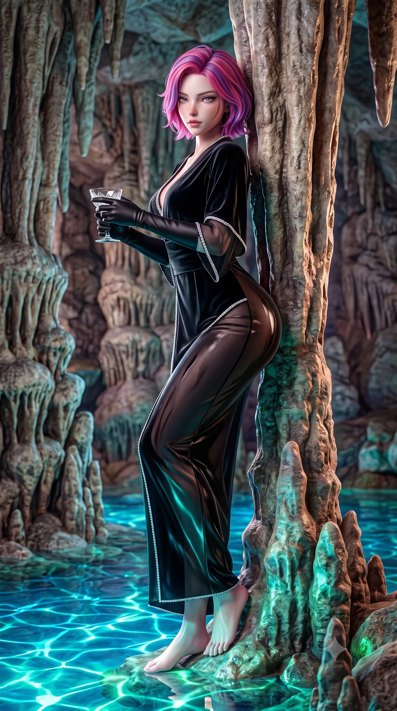 score_9, masterpiece, best quality, ultra-detailed, high-budget anime keyframe, semi-realistic 3D game render, editorial fashion photography, tasteful artistic composition, Caucasian woman. low angle full-body shot from head to toe showing her feet, filling the entire 9:16 vertical frame with her statuesque presence, stretching her vertical silhouette. leaning deep against the structural architecture with hips cocked in an unapologetically bold, seductive high-fashion stance while leaning against a stalactite rock pillar with hips cocked back, looking over her shoulder with an enchanted, seductive fairy-tale bedroom-gaze. The surrounding environment is rendered in vivid detail and crisp panoramic clarity. detailed brocade gown weave, colored light reflections on skin, and Linderhof grotto rockwork in high resolution. She has an exceptionally tall and slender model-like 8.5-heads proportion, an ultra-slim waist, a flat toned midriff, narrow delicate ribcage, and beautifully sculpted feminine hips creating a graceful, slim hourglass silhouette without any bulky heaviness, with impossibly long slender legs. sharp v-shaped jawline, high-bridge nose, intricate jewel-like eyes with depth, thick eyelashes, glossy parted lips with a natural sheen, intensely captivating and seductive bedroom-eyes expression, flawlessly proportioned anatomical accuracy, strict slender model proportions, natural body alignment, perfectly sculpted long slender limbs, ultra-slim waistline, clean dynamic posture without body distortion. wearing a delicate semi-translucent silk yukata that clings to her wet skin and curvy hip contours in pitch-black velvet with diamond crystal trim, tailored from liquid silk jersey adhering flawlessly to her slender build, accessorized with opera-length satin gloves and a vintage crystal glass, the form-contouring material adhering flawlessly to her sculpted flat midriff and slender torso, emphasizing her long leg lines and perfectly proportioned willowy build. illuminated by shimmering pool water caustics sharply sculpting her razor-sharp jawline, narrow waist, and curvy hips. highly saturated vibrant anime colors, detailed shading with soft gradients, rich glossy textures, high-contrast stereoscopic depth, volumetric dynamic lighting, master piece, 9:16 ratio