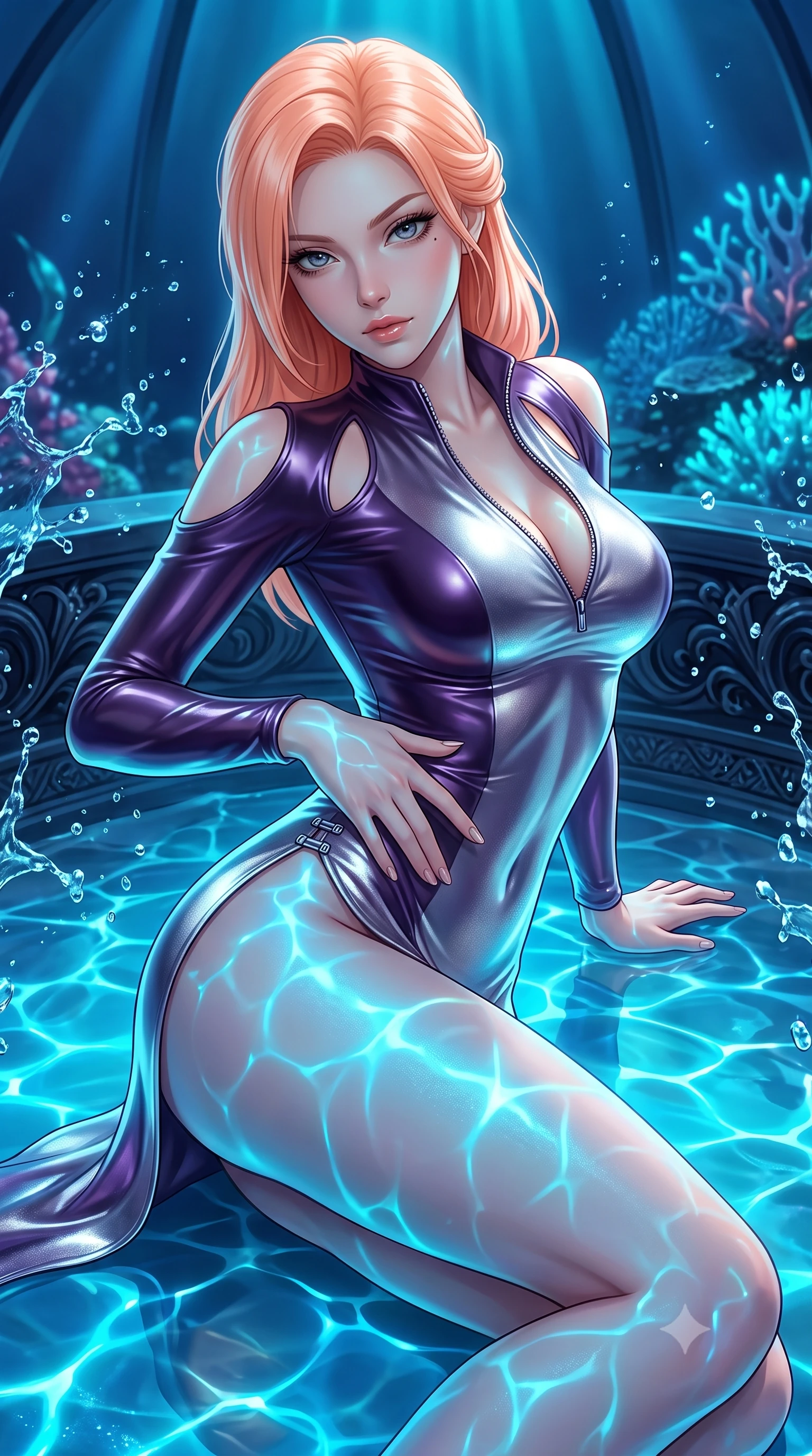 score_9, masterpiece, best quality, ultra-detailed, high-budget anime keyframe, semi-realistic 3D game render, editorial fashion photography, tasteful artistic composition, Japanese woman. close-up cowboy shot from the waist and thighs up, the character dominates the composition, filling the frame with her large presence. twisting her upper body in a dynamic S-curve with an alluring smolder, one hand trailing along her slender waist while reclining along the wet crystal floor of an abyssal ocean dome as glowing azure caustics ripple across her skin. The surrounding environment is rendered in vivid detail and crisp panoramic clarity. sharp water droplet splashes, obsidian dais carvings, and glowing sea-coral textures captured in high clarity. She has an exceptionally elegant, slender, and willowy female figure with an ultra-slim waist, a gracefully sculpted slender torso, and a refined silhouette. sharp v-shaped jawline, high-bridge nose, intricate jewel-like eyes with depth, thick eyelashes, glossy lips with a natural sheen, flawlessly proportioned anatomical accuracy, natural body alignment, perfectly sculpted elegant limbs, clean dynamic posture without body distortion. wearing a form-fitting top made of molten liquid-mercury fabric that clings to her curves, with strategic tear-drop shoulder cutouts and a dangerously unzipped front collar in dark amethyst purple and shimmering starlight silver, made of liquid metal jersey that clings flawlessly to every contour of her build, finished with an ultra-high side slit secured by miniature magnetic clasps, the liquid-tight fabric adhering flawlessly to her sculpted torso and slender silhouette. illuminated by intense cyan caustic ripples from below and cool sapphire ambient shadow. highly saturated vibrant anime colors, detailed shading with soft gradients, rich glossy textures, high-contrast stereoscopic depth, volumetric dynamic lighting, master piece, 9:16 ratio