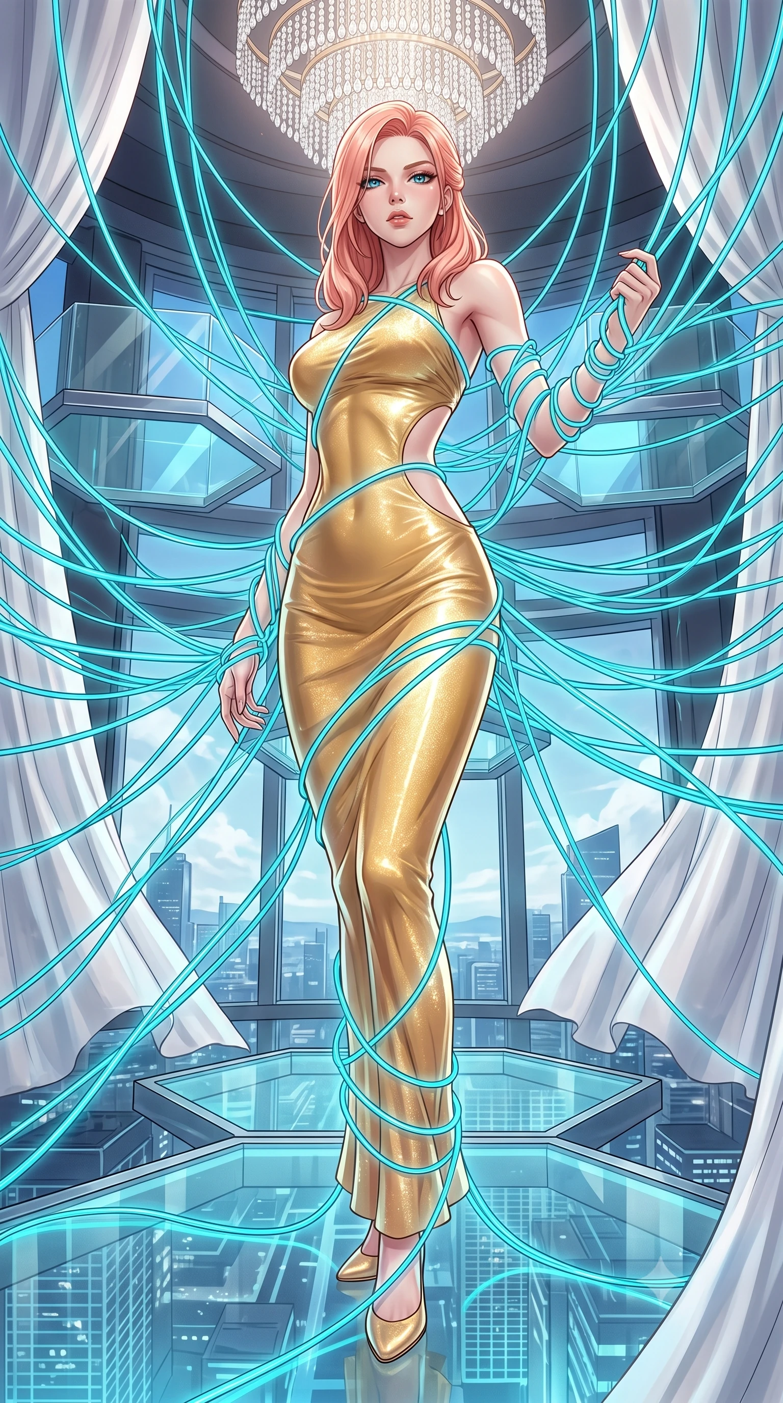 score_9, masterpiece, best quality, ultra-detailed, High-budget Anime Keyframe, East Asian woman. Low angle cowboy shot filling the entire 9:16 frame with her statuesque presence. Scenario 364: tangled in a web of glowing cyan fiber-optic cables inside a luxury sky-lounge with floating glass platforms and white silk drapes. Her presence is magnetic and overpowering in this high-budget anime scene. Outfit 364: a body-hugging shimmering chiffon gold with a strategic side cut-outs and tight-fitting silhouette. The clothing is designed to emphasize her exceptionally tall and slender 8-heads proportion. 8-heads proportion, towering silhouette, ultra-slim waist. sharp v-shaped jawline, intricate jewel-like eyes with depth, thick eyelashes, glossy lips. 2k, ultra detail, master piece, 9:16 ratio