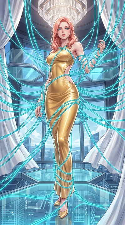 score_9, masterpiece, best quality, ultra-detailed, High-budget Anime Keyframe, East Asian woman. Low angle cowboy shot filling the entire 9:16 frame with her statuesque presence. Scenario 364: tangled in a web of glowing cyan fiber-optic cables insi
