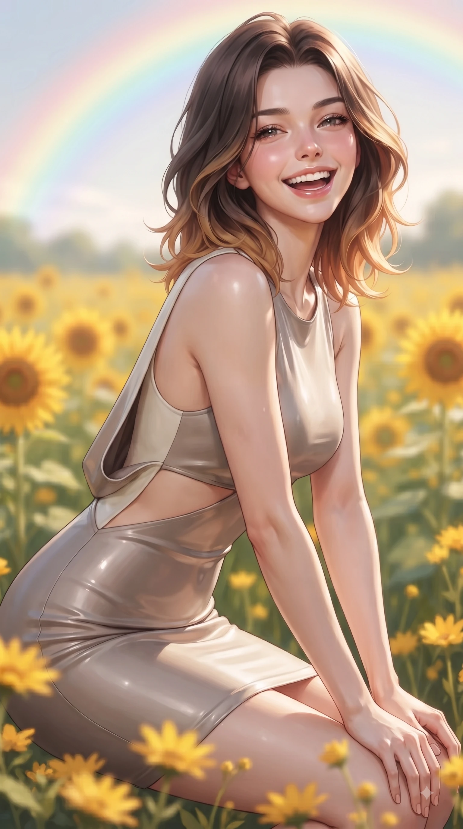 score_9, masterpiece, best quality, ultra-detailed, high-budget anime keyframe, editorial fashion photography, tasteful artistic composition, Korean woman. close-up cowboy shot from the waist and thighs up, the character dominates the composition, filling the frame with her large presence, background elements kept in soft focus. Joyful laughing expression filled with genuine happiness and warmth, leaning forward with cheerful energy while resting playfully among golden blossoms as warm sunbeams illuminate her sparkling eyes, vivid golden sunflowers swaying in a gentle spring breeze under a radiant rainbow arc. She has an exceptionally elegant, slender, and willowy female figure with an ultra-slim waist, a gracefully sculpted slender torso, and a refined silhouette. sharp v-shaped jawline, high-bridge nose, intricate jewel-like eyes with depth, thick eyelashes, glossy lips with a natural sheen, flawlessly proportioned anatomical accuracy, natural body alignment, perfectly sculpted elegant limbs, clean dynamic posture without body distortion. wearing a precision-fitted liquid jersey bodycon dress with a graceful draped back in muted taupe and soft ivory, formed from sleek second-skin neoprene, featuring clean architectural cutouts along her slender torso, the elegant draped fit framing her graceful clavicle and slender torso. bathed in brilliant sunny morning light and warm golden meadow sunbursts. ultra-reflective glossy finish, specular highlights, metallic sheen, high-contrast stereoscopic depth, volumetric dynamic lighting, 2k, ultra detail, master piece, 9:16 ratio