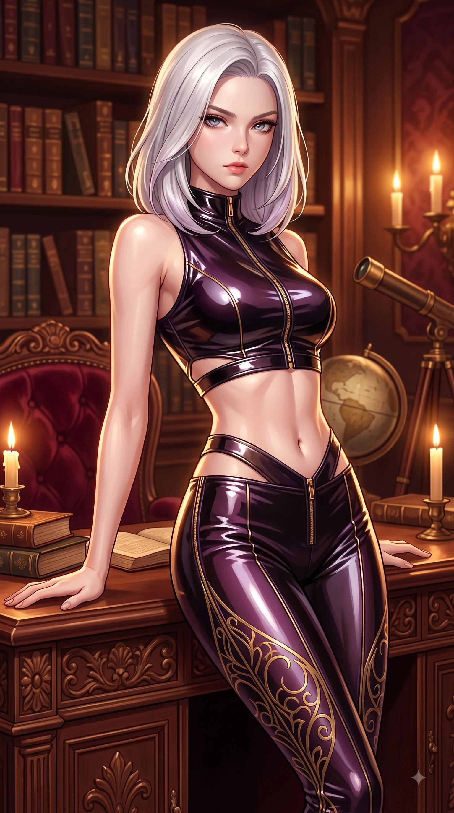 score_9, masterpiece, best quality, ultra-detailed, high-budget anime keyframe, editorial fashion photography, tasteful artistic composition, Caucasian woman. close-up cowboy shot from the waist and thighs up, the character dominates the composition, filling the frame with her large presence, background elements kept in soft focus. Gazing past the lens with smoldering intensity as her torso curves dynamically in mid-stride while leaning back against a carved mahogany reading desk in an antique library lit by warm candlelight, rich velvet and polished wood textures reflecting brilliant warm highlights. She has an exceptionally elegant, slender, and willowy female figure with an ultra-slim waist, a gracefully sculpted slender torso, and a refined silhouette. sharp v-shaped jawline, high-bridge nose, intricate jewel-like eyes with depth, thick eyelashes, glossy lips with a natural sheen, flawlessly proportioned anatomical accuracy, natural body alignment, perfectly sculpted elegant limbs, clean dynamic posture without body distortion. wearing a glossy vinyl crop top and high-waist tailored leggings with sleek zippers in plum purple and gold filigree, tailored from high-gloss patent leather, featuring subtle geometric cutouts that highlight her ultra-slim midriff, the elegant draped fit framing her graceful clavicle and slender torso. surrounded by an opulent, intimate library aura with deep warm gradients. highly saturated vibrant anime colors, detailed shading with soft gradients, rich glossy textures, high-contrast stereoscopic depth, volumetric dynamic lighting, master piece, 9:16 ratio