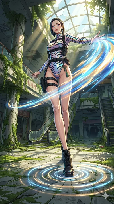 score_9, masterpiece, best quality, ultra-detailed, Set A: High-budget Anime Keyframe, Korean woman. Low angle cowboy shot filling the entire 9:16 frame with her statuesque presence. Theme: Historical Remix. unleashing a massive energy wave in a ruin