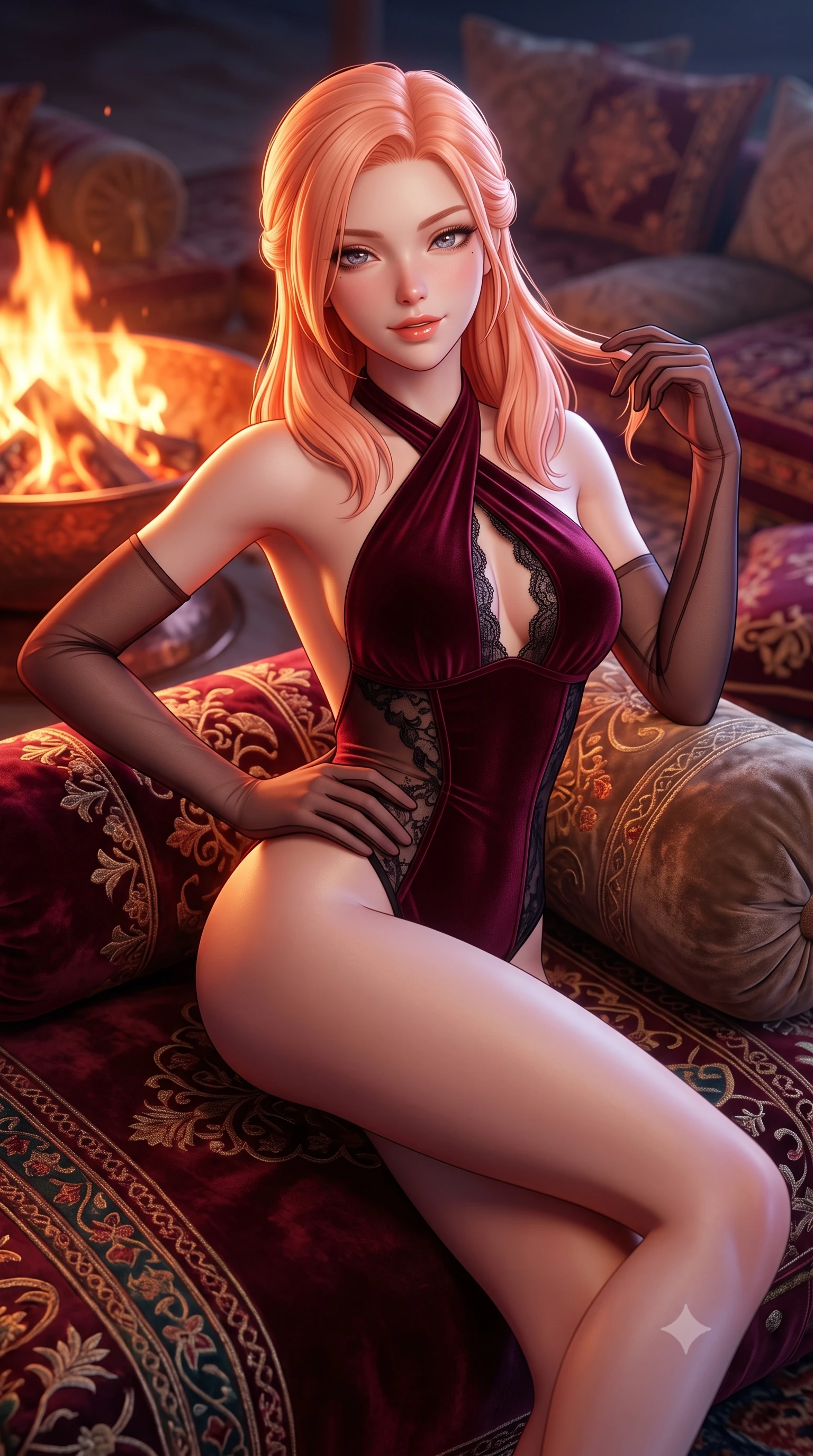 score_9, masterpiece, best quality, ultra-detailed, high-budget anime keyframe, semi-realistic 3D game render, editorial fashion photography, tasteful artistic composition, Japanese woman. close-up cowboy shot from the waist and thighs up, the character dominates the composition, filling the frame with her large presence. twisting her slender torso in an alluring contrapposto stance, one hand resting on her sculpted hip while her fingers toy with her hair with effortless poise while lounging gracefully across the low embroidered velvet majlis seating, arching her lower back to emphasize her curvy hips beside the roaring copper fire bowl. The background shows a soft-focus embroidered velvet bolsters softened in romantic desert safari shallow focus. She has an exceptionally elegant, slender, and willowy female figure with an ultra-slim waist, flat toned midriff, narrow ribcage, and sculpted feminine hips creating an alluring, slim hourglass silhouette without bulk. sharp v-shaped jawline, high-bridge nose, sparkling eyes with hypnotic seductive depth, thick curled eyelashes, glossy parted lips with a natural dewy peach sheen, alluring bedroom-eyes with an enchanting coquettish smile, exuding magnetic siren charisma and sophisticated glamour, flawlessly proportioned anatomical accuracy, strict slender model proportions, natural body alignment, perfectly sculpted long slender limbs, ultra-slim waistline, clean dynamic posture without body distortion. wearing a criss-cross halterneck keyhole bodysuit with open back and sculpted waist darts in deep bordeaux velvet and delicate black chantilly, crafted from shimmering fluid chainmail mesh reflecting ambient lights, complemented by sheer opera-length evening gloves tracing her slender arms, the form-contouring silhouette accentuating her sculpted flat midriff, narrow delicate ribcage, and gracefully curvy hips with intoxicating allure. bathed in the intense warm amber and crimson flicker of open campfire flames mixed with pure silver moonlight. highly saturated vibrant anime colors, detailed shading with soft gradients, rich glossy textures, high-contrast stereoscopic depth, volumetric dynamic lighting, master piece, 9:16 ratio