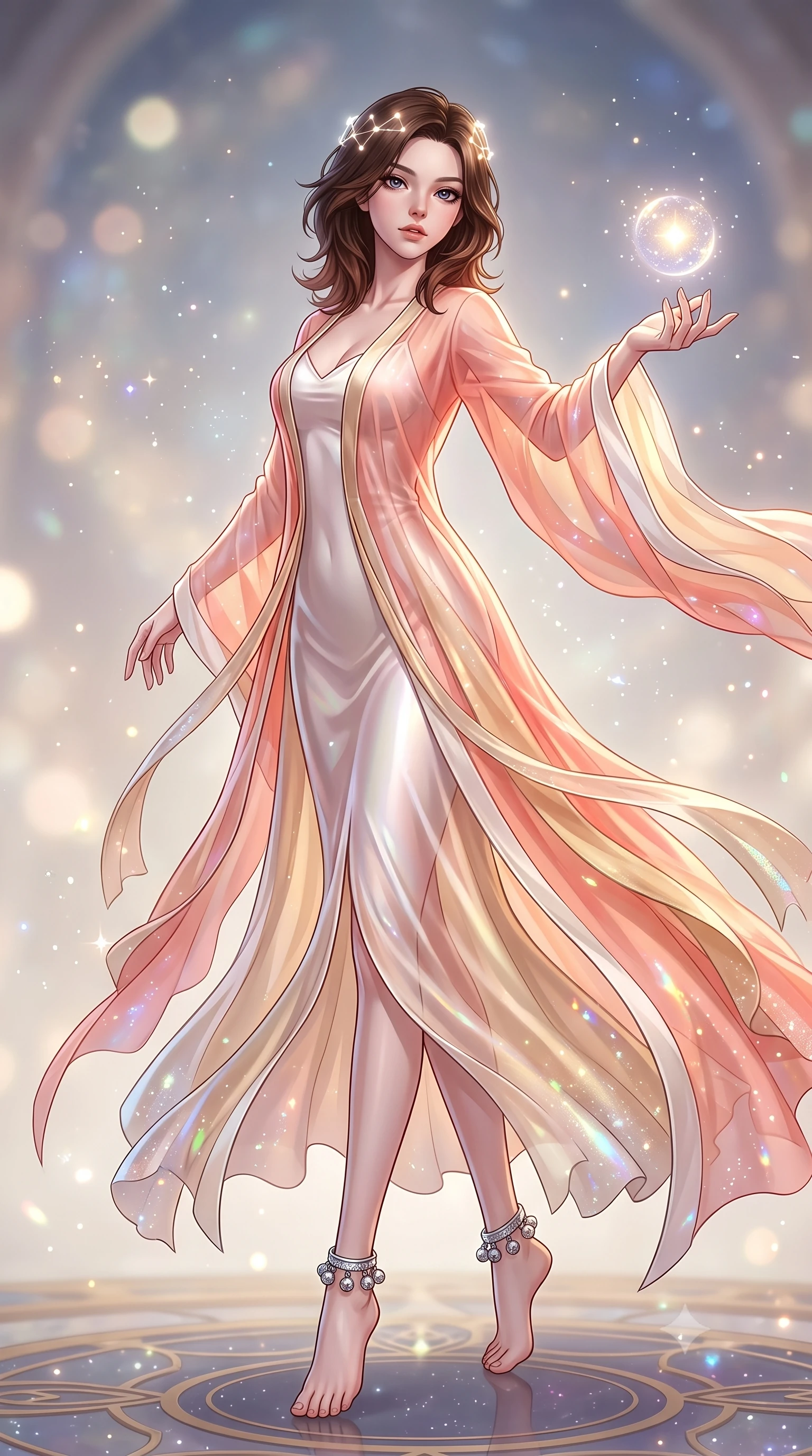 score_9, masterpiece, best quality, ultra-detailed, high-budget anime keyframe, semi-realistic 3D game render, editorial fashion photography, tasteful artistic composition, Korean woman. low angle full-body shot from head to toe showing her feet, filling the entire 9:16 vertical frame with her statuesque presence, stretching her vertical silhouette. landing lightly on the balls of her feet in a balanced kinetic stance, eyes locked onto the camera with fearless allure while reaching out gracefully toward a floating orb of starlight, her long slender legs and willowy torso extended in pure dancer poise. The composition keeps background elements in soft focus with creamy bokeh. glowing starlight flecks and iridescent fabric sparkles scattering cosmic radiant light motes. She has an absolutely perfect, statuesque 8.5-heads proportion, an exceptionally tall and slender model-like female figure with impossibly long slender legs, a toned flat midriff, and an ultra-slim waist. sharp v-shaped jawline, high-bridge nose, intricate jewel-like eyes with depth, thick eyelashes, glossy lips with a natural sheen, captivating and magnetic expression, flawlessly proportioned anatomical accuracy, strict slender model proportions, natural body alignment, perfectly sculpted long slender limbs, ultra-slim waistline, clean dynamic posture without body distortion. wearing an ethereal moon-goddess gossamer robe worn over a form-contouring pearlescent silk slip in sunrise coral and champagne gold, tailored from crisp ceremonial cotton and multi-layered translucent chiffon, accented with dainty silver ankle bells and a glowing constellation circlet, the breezy yet form-flattering drape swaying gracefully with her steps, accentuating her long willowy limbs and slim waistline. illuminated by crisp specular highlights tracing her ultra-slim waist, toned midriff, and long slender limbs. highly saturated vibrant anime colors, detailed shading with soft gradients, rich glossy textures, high-contrast stereoscopic depth, volumetric dynamic lighting, master piece, 9:16 ratio