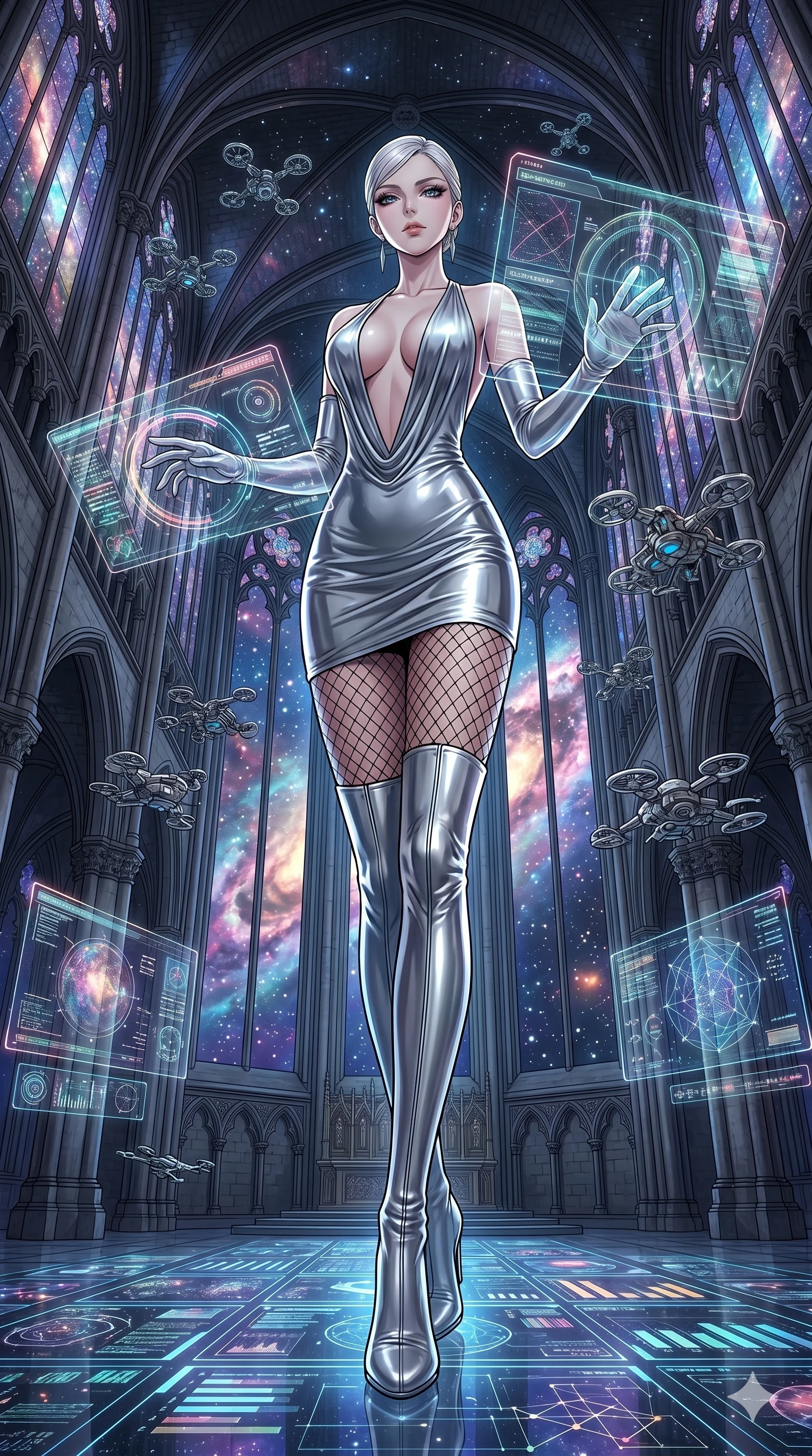 score_9, masterpiece, best quality, ultra-detailed, High-budget Anime Keyframe, vibrant colors, fluid line-art, expressive lighting, cinematic composition, Ufotable-style visual effects, top-tier animation quality, Japanese woman with delicate and elegant anime-inspired features. Wide-angle low shot emphasizing her impossibly long slender legs and commanding stature. Commanding a massive fleet of holographic drones within a high-security data center, her fingers dancing across invisible interfaces. She has an absolutely perfect 8-heads proportion, an exceptionally tall and slender female figure with impossibly long slender legs and an ultra-slim waist, her statuesque height and towering silhouette dominating the vertical 9:16 frame. Her face is a masterpiece featuring a sharp v-shaped jawline, high-bridge nose, intricate jewel-like eyes with depth, thick eyelashes, and glossy lips with a natural sheen. She is wearing a Liquid mercury fabric dress that clings perfectly to her every curve with a deep plunging neckline crafted from Bioluminescent silk that emits a soft, ethereal glow from within the fabric, accompanied by sensual fishnet stockings and thigh-high metallic boots. The scene is set in a majestic gothic cathedral in deep space with massive windows overlooking a swirling nebula, illuminated by flickering starlight and nebula glow providing a mystical and vast ambiance. 2k, ultra detail, master piece, 9:16 ratio