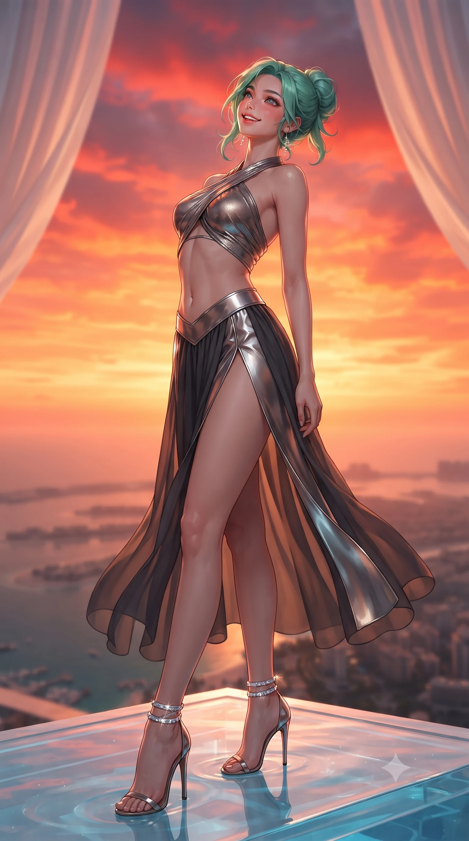 score_9, masterpiece, best quality, ultra-detailed, high-budget anime keyframe, editorial fashion photography, tasteful artistic composition, Japanese woman. low angle full-body shot from head to toe showing her feet, filling the entire 9:16 vertical frame with her statuesque presence, stretching her vertical silhouette. sitting poised on the stone steps with one knee bent, arching her spine with supermodel elegance as she glances upward through thick eyelashes while standing poised on the submerged acrylic tanning ledge 300 meters above the Arabian Gulf, arching her spine with breathtaking siren elegance. The background shows a soft-focus floating silk pool cabana drapery softened in ultra-luxury futuristic aerial shallow focus. She has an exceptionally tall and slender model-like 8.5-heads proportion, an ultra-slim waist, a flat toned midriff, narrow delicate ribcage, and beautifully sculpted feminine hips creating a graceful, slim hourglass silhouette without any bulky heaviness, with impossibly long slender legs. sharp v-shaped jawline, high-bridge nose, intricate jewel-like sparkling eyes with depth, thick eyelashes, glossy parted lips with a natural peach sheen, bright cheerful beaming smile with an enchanting and coquettish sensual glint, exuding both youthful cute charm and seductive allure, flawlessly proportioned anatomical accuracy, strict slender model proportions, natural body alignment, perfectly sculpted long slender limbs, ultra-slim waistline, clean dynamic posture without body distortion. wearing a modern Arabian-inspired metallic lame wrap top with bare midriff and a high-slit chiffon harem pant skirt in smoky charcoal noir and reflective metallic platinum, crafted from high-tensile reflective patent leather with sleek specular highlights, complemented by strappy stiletto sandals with crystal ankle wraps accentuating her slender calves, the second-skin tailored fabric adhering flawlessly to her sculpted flat midriff and slender torso, emphasizing her long leg lines and perfectly proportioned willowy build. bathed in the blinding, saturated scarlet and orange sunset radiance of the Arabian desert sky. ultra-reflective glossy finish, specular highlights, rich textural contrasts, high-contrast stereoscopic depth, volumetric dynamic lighting, 2k, ultra detail, master piece, 9:16 ratio