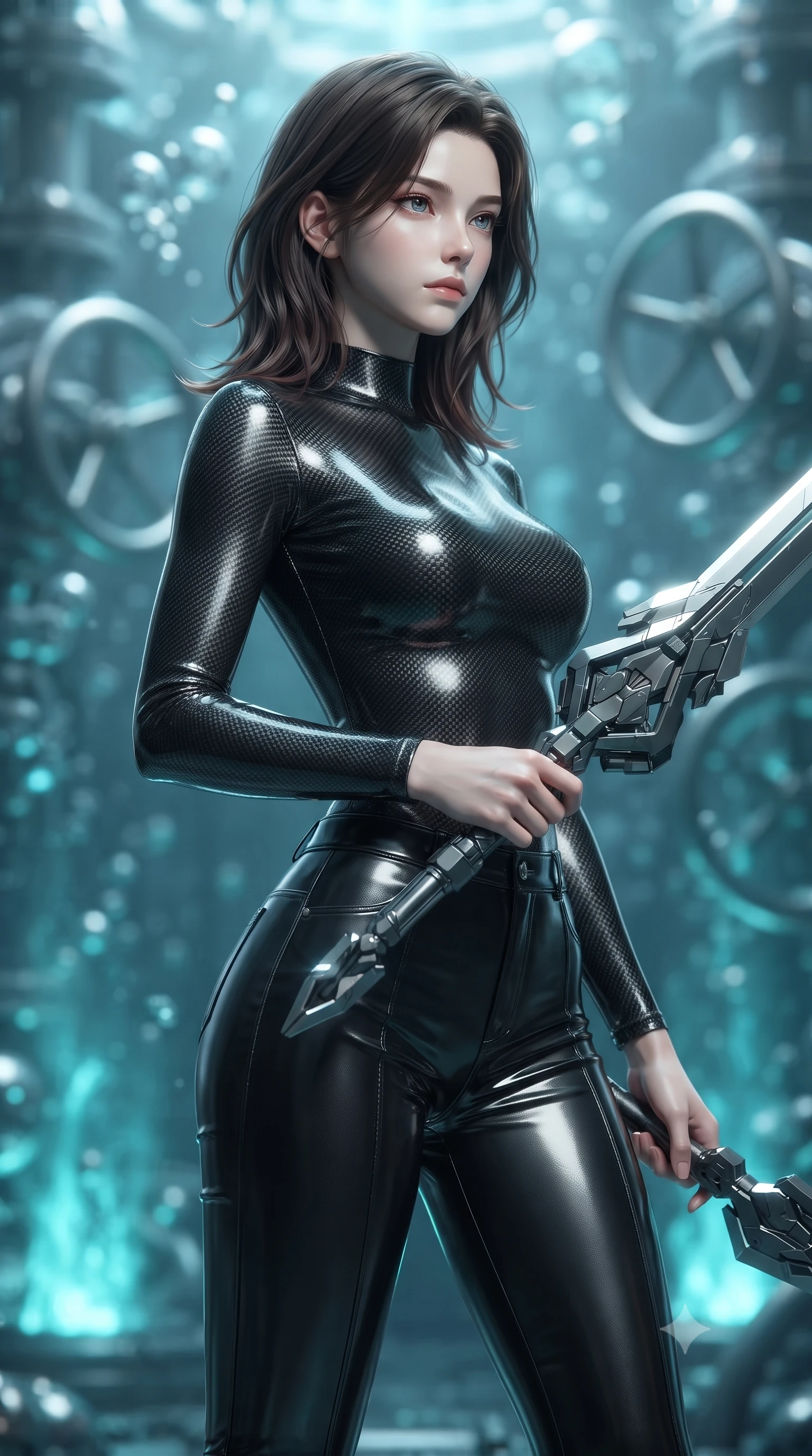score_9, masterpiece, best quality, ultra-detailed, high-budget anime keyframe, editorial fashion photography, tasteful artistic composition, Korean woman. close-up cowboy shot from the waist and thighs up, the character dominates the composition, filling the frame with her large presence, background elements kept in soft focus. holding a deactivated nanotech glaive, looking past the camera with quiet, sharp focus and a composed expression, the background shows a soft-focus an undersea mercury well with bubbling chrome and glowing valve gates. She has an exceptionally elegant, slender, and willowy female figure with an ultra-slim waist, a gracefully sculpted slender torso, and a refined silhouette. sharp v-shaped jawline, high-bridge nose, intricate jewel-like eyes with depth, thick eyelashes, glossy lips with a natural sheen. wearing a form-contouring form-fitting carbon-weave long-sleeve top paired with tight-fitting black carbon-fiber pants. pulsing turquoise light from underwater geothermal vents casting dynamic shadows. ultra-reflective glossy finish, specular highlights, metallic sheen, high-contrast stereoscopic depth, volumetric dynamic lighting, 2k, ultra detail, master piece, 9:16 ratio