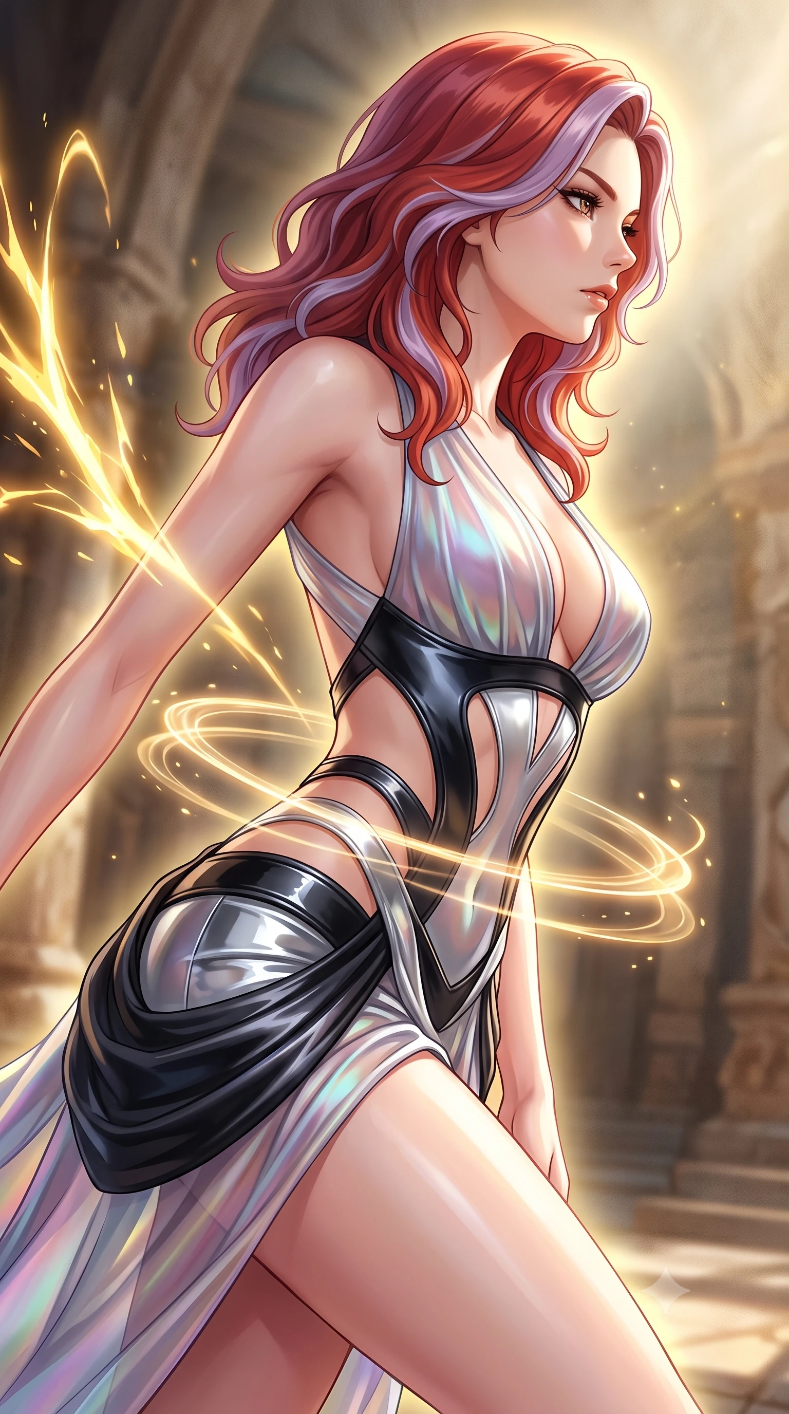 score_9, masterpiece, best quality, ultra-detailed, high-budget anime keyframe, editorial fashion photography, tasteful artistic composition, Caucasian woman. close-up cowboy shot from the waist and thighs up, the character dominates the composition, filling the frame with her large presence, background elements kept in soft focus. Turning her face in sharp profile while her upper body leans forward with poised athletic grace while forging dynamically through an architectural sun temple as golden energy arcs erupt nearby, translucent golden energy rings orbiting around her slender waist in mid-air. She has an exceptionally elegant, slender, and willowy female figure with an ultra-slim waist, a gracefully sculpted slender torso, and a refined silhouette. sharp v-shaped jawline, high-bridge nose, intricate jewel-like eyes with depth, thick eyelashes, glossy lips with a natural sheen, flawlessly proportioned anatomical accuracy, natural body alignment, perfectly sculpted elegant limbs, clean dynamic posture without body distortion. wearing a translucent iridescent chiffon gown with a plunging neckline and open back in matte black and polished silver, tailored from high-gloss patent leather, featuring clean architectural cutouts along her slender torso, the sleek second-skin texture accentuating her magnetic presence. surrounded by a brilliant solar aura with high-contrast metallic specular shine. highly saturated vibrant anime colors, detailed shading with soft gradients, rich glossy textures, high-contrast stereoscopic depth, volumetric dynamic lighting, master piece, 9:16 ratio