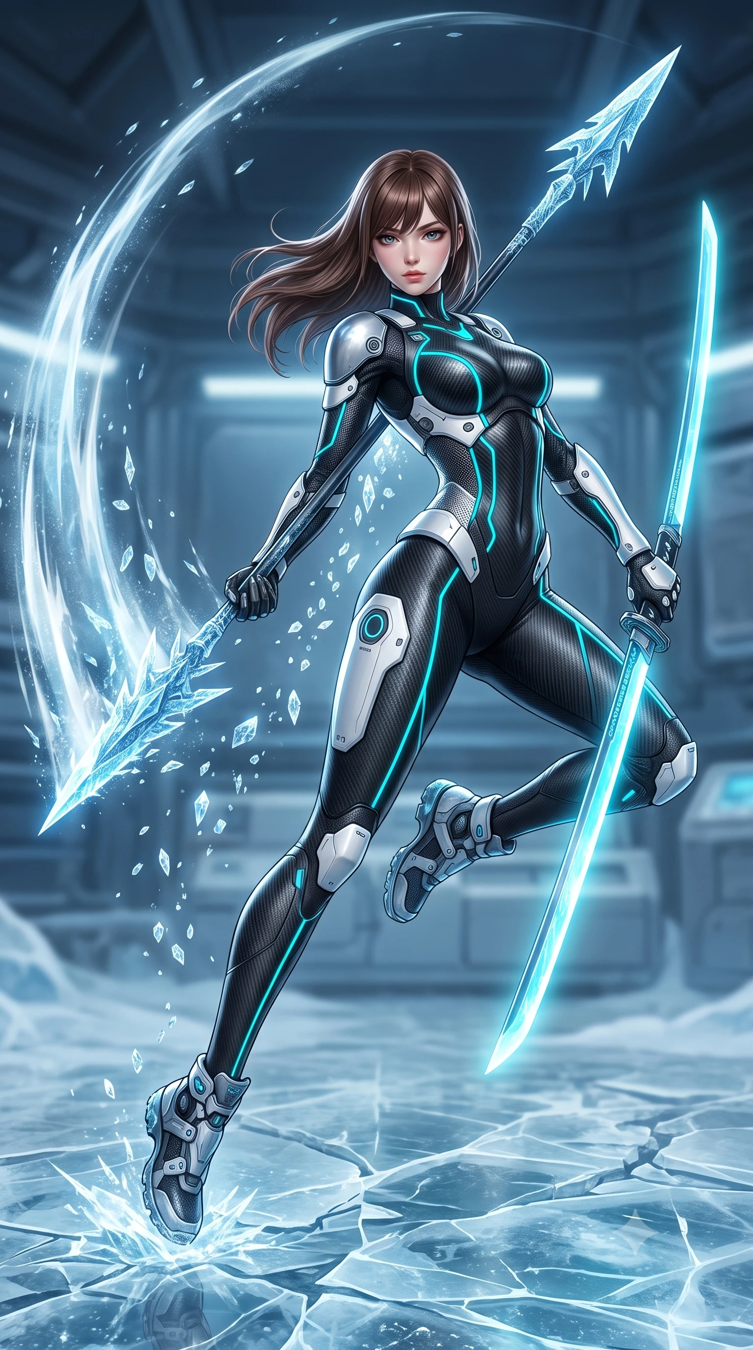 score_9, masterpiece, best quality, ultra-detailed, high-budget anime keyframe, semi-realistic 3D game render, editorial fashion photography, tasteful artistic composition, Korean woman. low angle full-body shot from head to toe showing her feet, filling the entire 9:16 vertical frame with her statuesque presence, stretching her vertical silhouette. arching her back gracefully in mid-air during a dynamic combat vault, her weapon energy trail framing her statuesque presence while pivoting dynamically as she thrusts the cryo-spear forward, leaving a trail of diamond frost crystals hanging in the air. The surrounding environment is rendered in vivid detail and crisp panoramic clarity. intricate crystalline spearhead facets, razor-sharp frost patterns on armor, and cracked ice on floor in deep focus. She has an absolutely perfect, statuesque 8.5-heads proportion, an exceptionally tall and slender model-like female figure with impossibly long slender legs, a toned flat midriff, and an ultra-slim waist. sharp v-shaped jawline, high-bridge nose, intricate jewel-like eyes with depth, thick eyelashes, glossy lips with a natural sheen, flawlessly proportioned anatomical accuracy, strict slender model proportions, natural body alignment, perfectly sculpted long slender limbs, ultra-slim waistline, clean dynamic posture without body distortion. wearing an aerodynamic matte-black carbon-fiber bodysuit with glowing neon cyan conduit lines, reinforced by polished titanium pauldrons, wielding a sleek holographic plasma katana with a brilliant energy blade in glacial ice-cyan carbon mesh with pure white armor plates, tailored from flexible second-skin carbon-mesh that clings flawlessly to her athletic curves, detailed with magnetic weapon holsters and polished chrome connection clasps, the form-contouring material adhering flawlessly to her sculpted flat midriff and slender torso, emphasizing her long leg lines and perfectly proportioned willowy build. illuminated by crisp specular ice refractions outlining her ultra-slim waist, long legs, and flat midriff. rich saturated anime colors with glowing neon highlights, detailed shading with soft gradients, rich glossy textures, high-contrast stereoscopic depth, volumetric dynamic lighting, master piece, 9:16 ratio