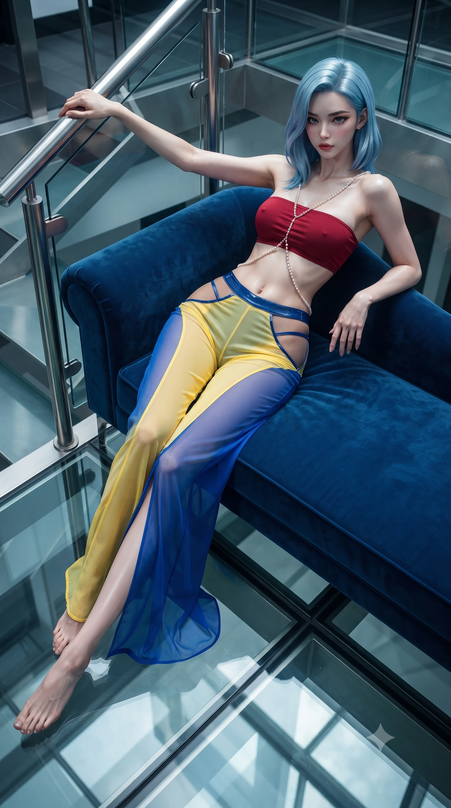 score_9, masterpiece, best quality, ultra-detailed, high-budget anime keyframe, editorial fashion photography, tasteful artistic composition, Korean woman. low angle full-body shot from head to toe showing her feet, filling the entire 9:16 vertical frame with her statuesque presence, stretching her vertical silhouette. reclining gracefully across the plush chaise lounge with one leg extended, her sculpted silhouette and flat midriff radiating magnetic nocturnal glamour while leaning against the stainless-steel staircase handrail with hips cocked back, looking down through the glass floor with smoldering eyes. The surrounding environment is rendered in vivid detail and crisp panoramic clarity: detailed wet-look vinyl bustier shine, subtle mesh tights weave, and precision contemporary engineering in razor-sharp precision. She has an absolutely perfect, statuesque 8.5-heads proportion, an exceptionally tall and slender model-like female figure with impossibly long slender legs, an ultra-slim waist, a flat toned midriff, narrow delicate ribcage, and beautifully sculpted feminine hips creating a graceful, slim hourglass silhouette without any bulky heaviness. sharp v-shaped jawline, high-bridge nose, sparkling eyes with hypnotic seductive depth, thick curled eyelashes, glossy parted lips with a natural dewy peach sheen, alluring bedroom-eyes with an enchanting coquettish smile, exuding magnetic siren charisma and sophisticated glamour, flawlessly proportioned anatomical accuracy, strict slender model proportions, natural body alignment, perfectly sculpted long slender limbs, ultra-slim waistline, clean dynamic posture without body distortion. wearing a form-contouring one-shoulder minimalist bandeau top paired with low-rise tailored trousers with sheer hip cutouts in Mondrian primary red, canary yellow, and electric cobalt blue, made of sheer gossamer chiffon that drapes softly against skin with airy translucence, accented with a pearl-drop body harness subtly framing her dewy collarbones and spine, the form-contouring silhouette accentuating her sculpted flat midriff, narrow delicate ribcage, and gracefully curvy hips with intoxicating allure. illuminated by glass refraction bounce and sharp platinum rim lights sculpting her razor-sharp jawline, narrow waist, and curvy hips. ultra-reflective glossy finish, specular highlights, rich textural contrasts, high-contrast stereoscopic depth, volumetric dynamic lighting, 2k, ultra detail, master piece, 9:16 ratio