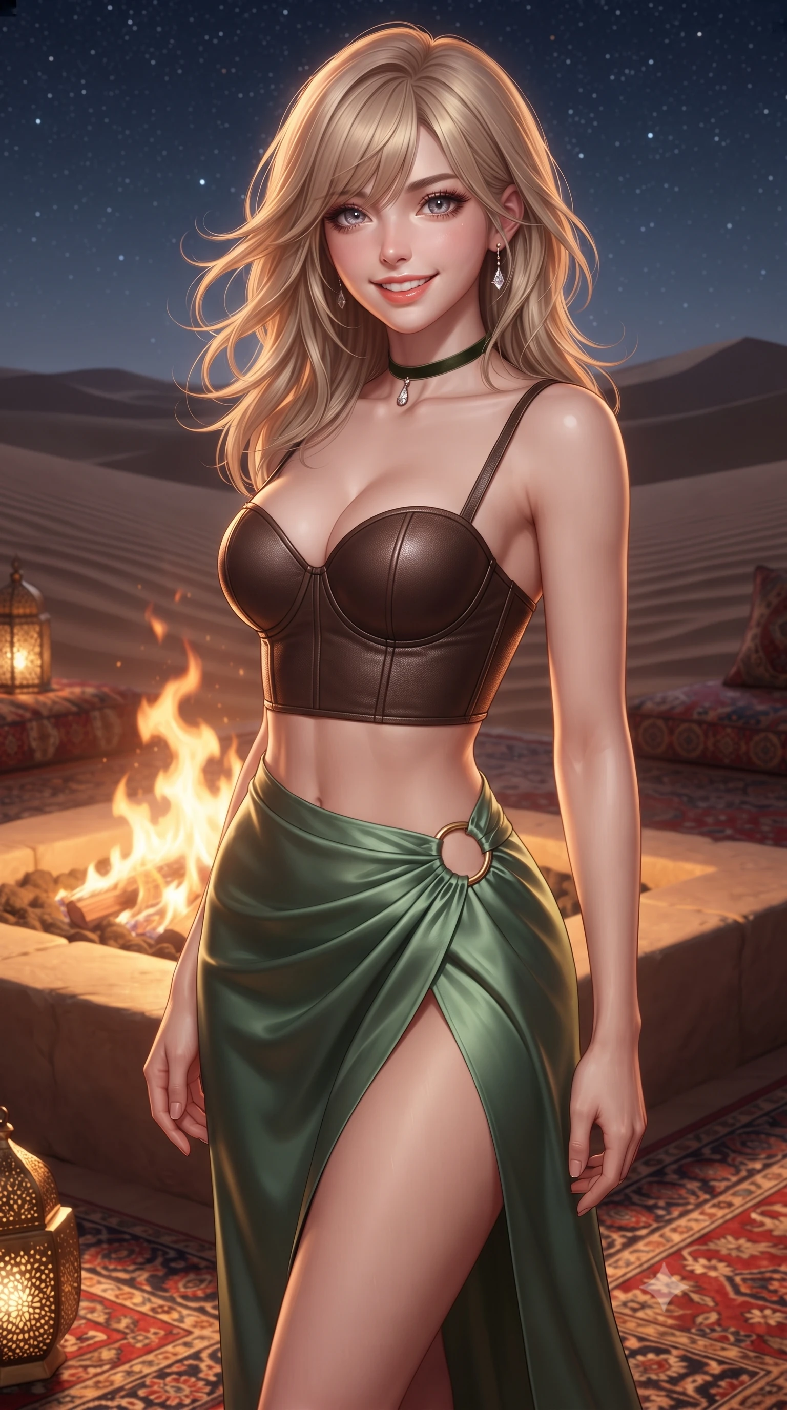 score_9, masterpiece, best quality, ultra-detailed, high-budget anime keyframe, editorial fashion photography, tasteful artistic composition, Japanese woman. close-up cowboy shot from the waist and thighs up, the character dominates the composition, filling the frame with her large presence. turning slowly with an enchanting smoldering smile, her glossy hair tossing in the breeze as her hips angle gracefully in a captivating contrapposto while twisting her slender torso in an alluring S-curve beside the sunken fire pit, dancing flames casting warm chiaroscuro contours over her curves. The surrounding environment is rendered in vivid detail and crisp panoramic clarity: sharp wind-rippled sand dune crests, hand-knotted Persian carpet pile, and hammered brass lantern perforations in deep focus. She has an exceptionally elegant, slender, and willowy female figure with an ultra-slim waist, flat toned midriff, narrow ribcage, and sculpted feminine hips creating an alluring, slim hourglass silhouette without bulk. sharp v-shaped jawline, high-bridge nose, intricate jewel-like sparkling eyes with depth, thick eyelashes, glossy parted lips with a natural peach sheen, bright cheerful beaming smile with an enchanting and coquettish sensual glint, exuding both youthful cute charm and seductive allure, flawlessly proportioned anatomical accuracy, strict slender model proportions, natural body alignment, perfectly sculpted long slender limbs, ultra-slim waistline, clean dynamic posture without body distortion. wearing a sculpted leatherette underwire bustier paired with a high-slit silk satin wrap skirt with gold ring hardware in Hakone bamboo jade green and warm hinoki cedar, tailored from ultra-plush silk velvet with rich tactile depth and deep shadow gradients, finished with a thin velvet ribbon choker and a single teardrop diamond pendant, the glove-like clinging cut tightly following the natural contour of her hips and long slender legs with youthful 8.5-heads elegance. bathed in the dramatic warm 2200K glow of dancing fire pits contrasted with cool desert starlight. ultra-reflective glossy finish, specular highlights, rich textural contrasts, high-contrast stereoscopic depth, volumetric dynamic lighting, 2k, ultra detail, master piece, 9:16 ratio