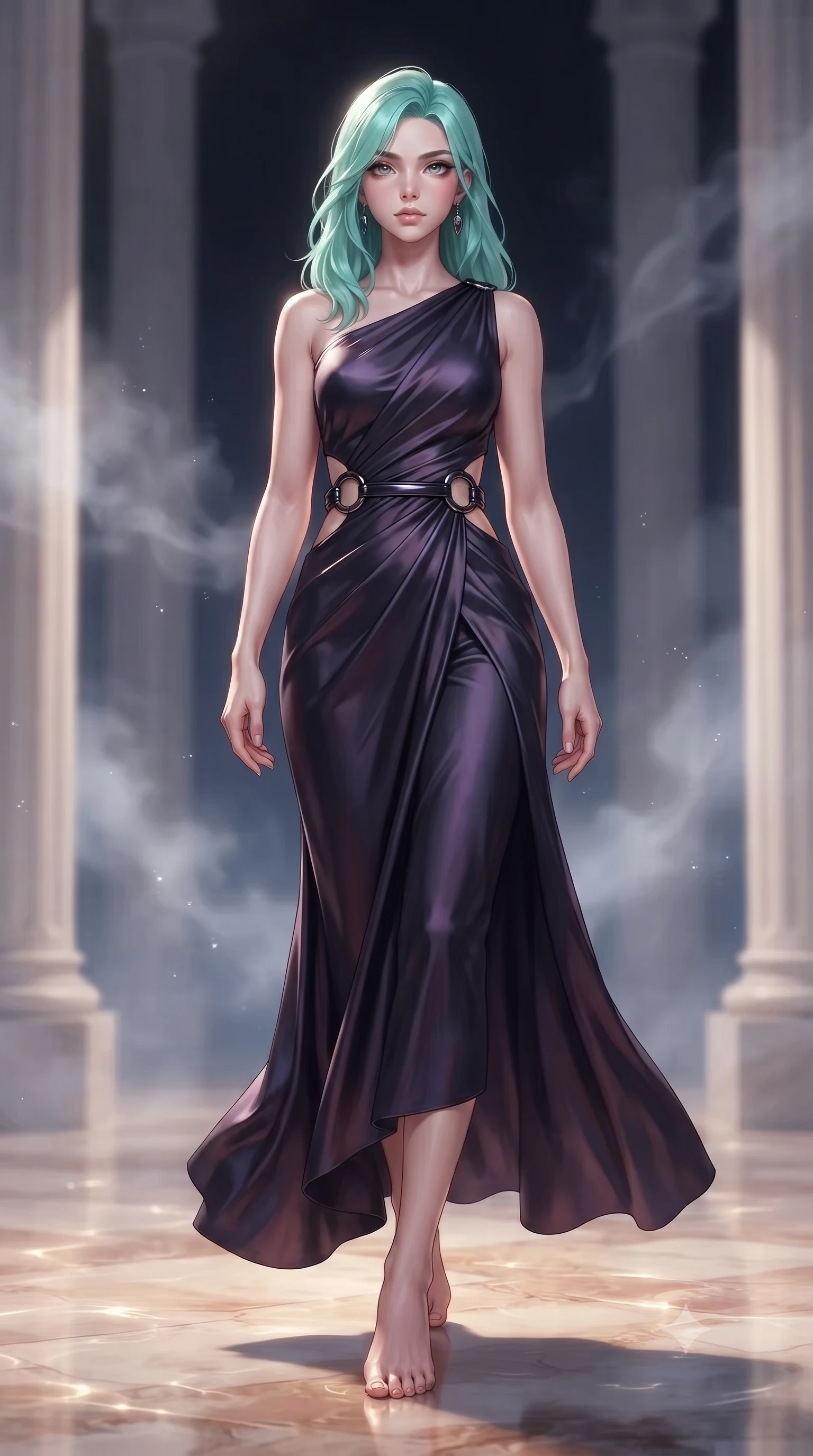 score_9, masterpiece, best quality, ultra-detailed, high-budget anime keyframe, editorial fashion photography, tasteful artistic composition, Japanese woman. low angle full-body shot from head to toe showing her feet, filling the entire 9:16 vertical frame with her statuesque presence, stretching her vertical silhouette. forging confidently through the floating mist, holding a poised statuesque stance, stepping gracefully onto a warm marble floor glinting with moonlit ripples, alabaster columns framed by gentle water vapor in soft background focus. She has an absolutely perfect, statuesque 8.5-heads proportion, an exceptionally tall and slender model-like female figure with impossibly long slender legs and an ultra-slim waist. sharp v-shaped jawline, high-bridge nose, intricate jewel-like eyes with depth, thick eyelashes, glossy lips with a natural sheen. wearing draped obsidian silk gown featuring tasteful waist slit cutouts in dark mahogany, made of iridescent dark violet taffeta, accented with sculpted obsidian chrome rings at the waist, sculpting her athletic slender build with refined precision. lit by clear moonbeam key rays casting soft graceful shadows. ultra-reflective glossy finish, specular highlights, metallic sheen, high-contrast stereoscopic depth, volumetric dynamic lighting, 2k, ultra detail, master piece, 9:16 ratio