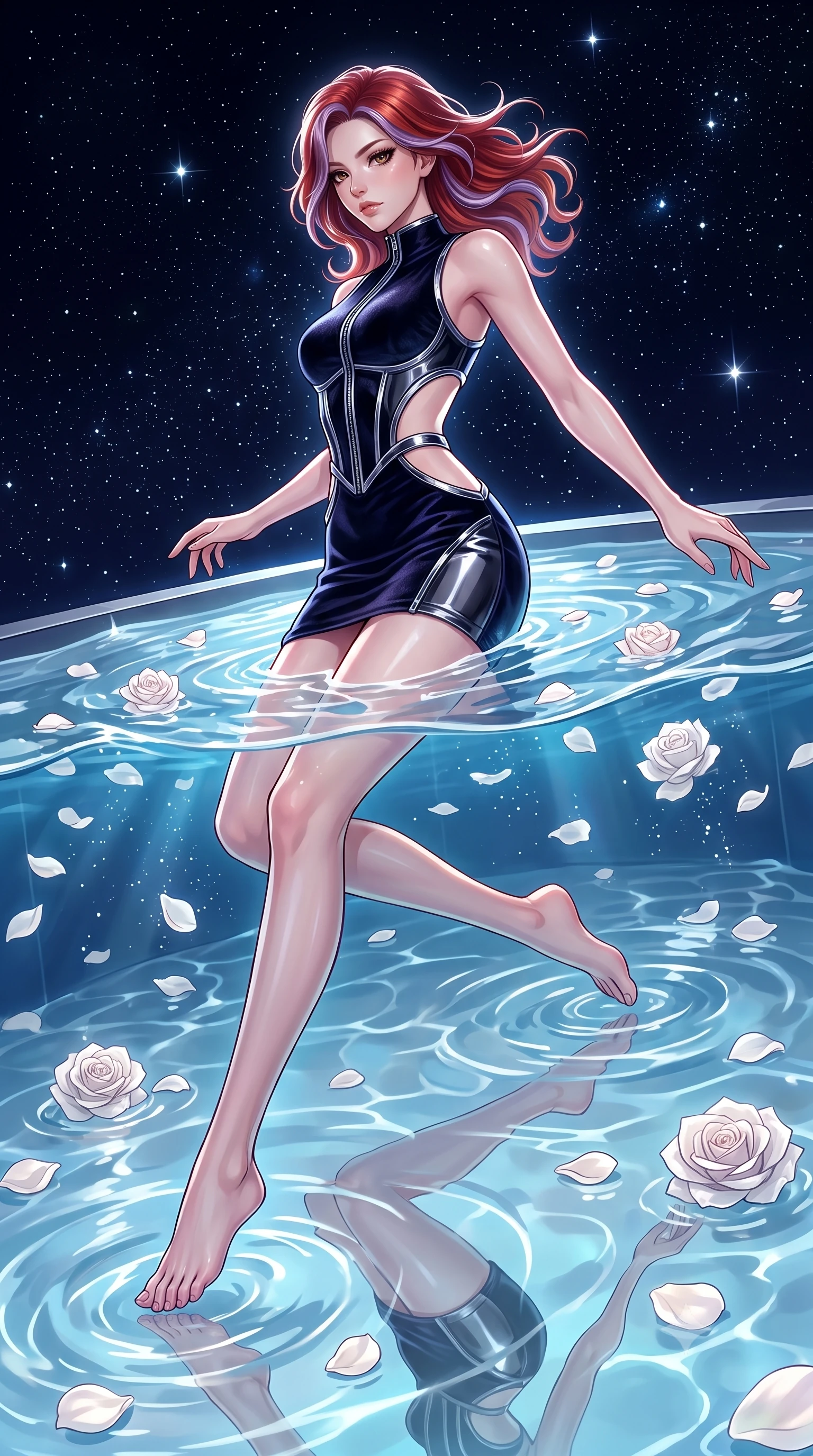 score_9, masterpiece, best quality, ultra-detailed, high-budget anime keyframe, editorial fashion photography, tasteful artistic composition, Caucasian woman. low angle full-body shot from head to toe showing her feet, filling the entire 9:16 vertical frame with her statuesque presence, stretching her vertical silhouette. leaping dynamically through the starry space, her posture full of power and elegance, immersed to the waist in a heated private pool with floating white rose petals, translucent water ripples mirroring her tall statuesque 8.5-heads proportion. She has an absolutely perfect, statuesque 8.5-heads proportion, an exceptionally tall and slender model-like female figure with impossibly long slender legs and an ultra-slim waist. sharp v-shaped jawline, high-bridge nose, intricate jewel-like eyes with depth, thick eyelashes, glossy lips with a natural sheen. wearing dramatic architectural open-waist cutout mini dress in dark velvet framed by chrome hardware in pitch-black onyx, made of sculpted obsidian metallic chrome, finished with metallic silver boning and sleek zipper points, sculpting her athletic slender build with refined precision. bathed in dramatic chiaroscuro with sharp starlight rim rays tracing her silhouette. highly saturated vibrant anime colors, detailed shading with soft gradients, rich glossy textures, high-contrast stereoscopic depth, volumetric dynamic lighting, master piece, 9:16 ratio