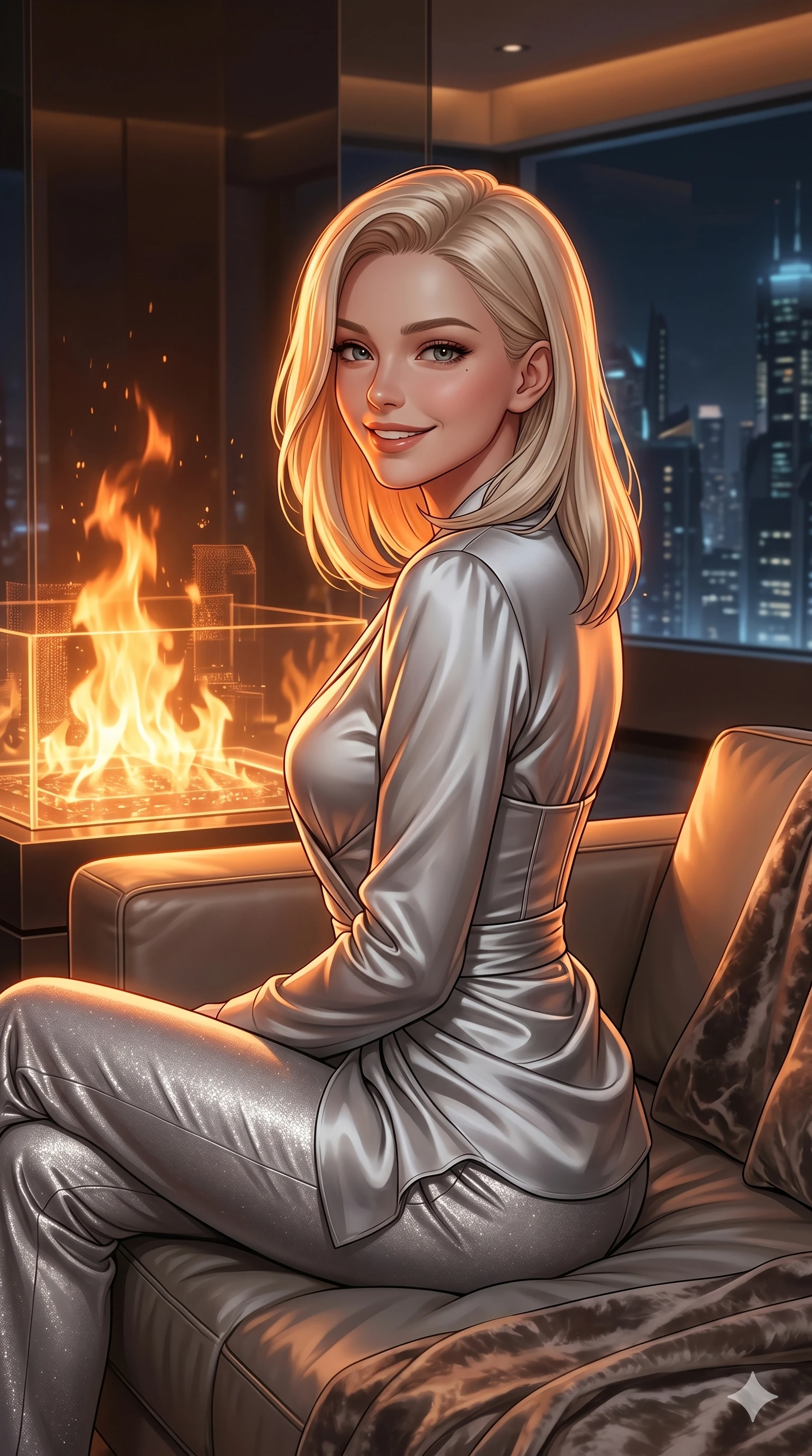 score_9, masterpiece, best quality, ultra-detailed, high-budget anime keyframe, editorial fashion photography, tasteful artistic composition, Caucasian woman, strictly human ears. Upper body close-up from the thighs up, character filling the screen for maximum presence. Inside a virtual reality luxury penthouse, next to a holographic fireplace, sitting on a modern sofa, looking back with a warm, welcoming smile. She is wearing a luxurious silk-like wrap top, structured bodice, and silver trousers. The scene is bathed in the warm orange glow of the holographic fire and soft amber lights. 2k, ultra detail, master piece, 9:16 ratio