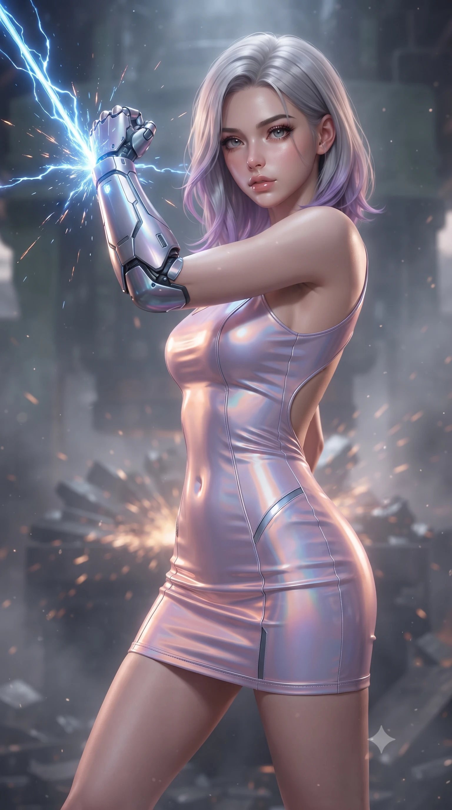 score_9, masterpiece, best quality, ultra-detailed, high-budget anime keyframe, editorial fashion photography, tasteful artistic composition, realistic cosplay photography, Caucasian woman, strictly human ears. close-up cowboy shot from the waist and thighs up, the character dominates the composition, filling the frame with her large presence, background elements kept in soft focus. Deflecting an incoming plasma strike with her armored gauntlet in a powerful defensive stance. set against a soft-focus background of inside a industrial scrap press, massive hydraulic plates slowly closing and sparking as metal scraps crush. She has an exceptionally elegant and slender, willowy female figure with an ultra-slim waist, a gracefully sculpted slender torso, and a refined slim physique. sharp v-shaped jawline, high-bridge nose, intricate jewel-like eyes with depth, thick eyelashes, glossy lips with a natural sheen. wearing tailored for maximum mobility, sleek form-contouring panels that allow fluid movement, a form-contouring one-shoulder mini dress in a holographic lavender-to-peach colorway, with a dramatically scooped open back. soft glowing ambient light with sharp side key light tracing the sleek contours of her figure. ultra-reflective glossy finish, specular highlights, metallic sheen, high-contrast stereoscopic depth, volumetric dynamic lighting, 2k, ultra detail, master piece, 9:16 ratio