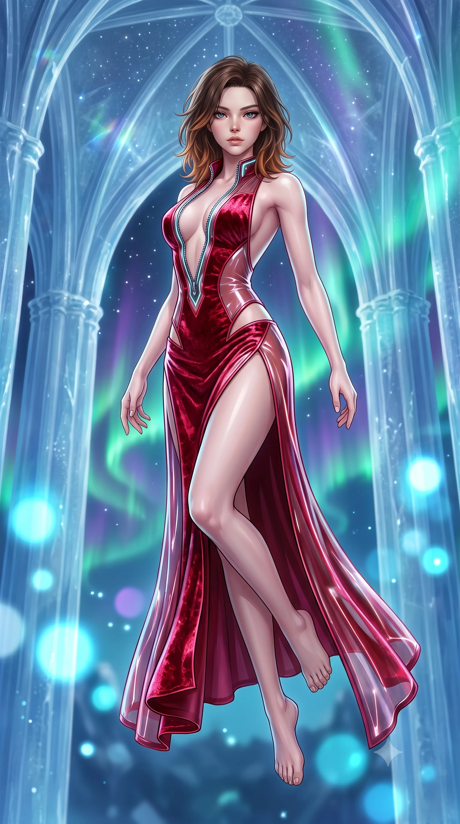 score_9, masterpiece, best quality, ultra-detailed, high-budget anime keyframe, semi-realistic 3D game render, editorial fashion photography, tasteful artistic composition, Korean woman. low angle full-body shot from head to toe showing her feet, filling the entire 9:16 vertical frame with her statuesque presence, stretching her vertical silhouette. performing an alluring mid-air vault with flawless poise, looking directly into the camera with smoldering intensity while arching her spine in a fluid stretch under a towering cathedral of transparent ice with starlight refracting through arches. The composition keeps background elements in soft focus with creamy bokeh. swirling emerald and violet aurora ribbons and crystal ice arches blurred into radiant, luminous cyan bokeh. She has an absolutely perfect, statuesque 8.5-heads proportion, an exceptionally tall and slender model-like female figure with impossibly long slender legs, a toned flat midriff, and an ultra-slim waist. sharp v-shaped jawline, high-bridge nose, intricate jewel-like eyes with depth, thick eyelashes, glossy lips with a natural sheen, flawlessly proportioned anatomical accuracy, strict slender model proportions, natural body alignment, perfectly sculpted long slender limbs, ultra-slim waistline, clean dynamic posture without body distortion. wearing a backless crimson crushed velvet gown with a deep plunging V-neckline, strategic hip cutouts, and an ultra-high thigh slit in luminous lavender violet and rose gold, tailored from semi-translucent cybernetic vinyl with glowing micro-filaments, featuring a dangerously unzipped neckline framed by glowing cybernetic accents, the sleek second-skin cut tightly hugging her graceful clavicle, narrow waist, and feminine curves with athletic precision. surrounded by a majestic, pristine, and intensely seductive glacial royalty aura. highly saturated vibrant anime colors, detailed shading with soft gradients, rich glossy textures, high-contrast stereoscopic depth, volumetric dynamic lighting, master piece, 9:16 ratio