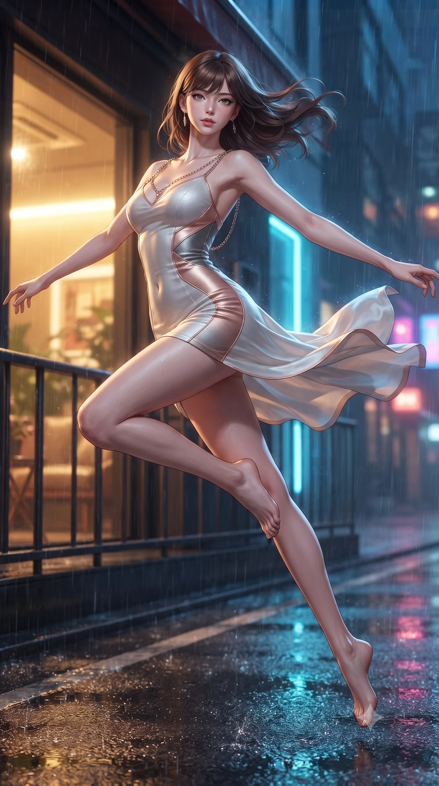 score_9, masterpiece, best quality, ultra-detailed, high-budget anime keyframe, editorial fashion photography, tasteful artistic composition, Korean woman. low angle full-body shot from head to toe showing her feet, filling the entire 9:16 vertical frame with her statuesque presence, stretching her vertical silhouette. performing an athletic mid-air rotation with flawless poise, her vertical silhouette beautifully stretched while leaping across a rain-slicked balcony as wet asphalt below reflects city lights, fluttering lightweight attire catching the high-altitude rainy wind. She has an absolutely perfect, statuesque 8.5-heads proportion, an exceptionally tall and slender model-like female figure with impossibly long slender legs and an ultra-slim waist. sharp v-shaped jawline, high-bridge nose, intricate jewel-like eyes with depth, thick eyelashes, glossy lips with a natural sheen, flawlessly proportioned anatomical accuracy, natural body alignment, perfectly sculpted elegant limbs, clean dynamic posture without body distortion. wearing a precision-fitted liquid jersey bodycon dress with a graceful draped back in pearl white and rose gold, made of fine carbon-fiber weave and soft matte leather, adorned with delicate metallic chain straps along the neckline, the elegant draped fit framing her graceful clavicle and slender torso. illuminated by warm indoor golden light and cool rainy blue neon rim light. ultra-reflective glossy finish, specular highlights, metallic sheen, high-contrast stereoscopic depth, volumetric dynamic lighting, 2k, ultra detail, master piece, 9:16 ratio