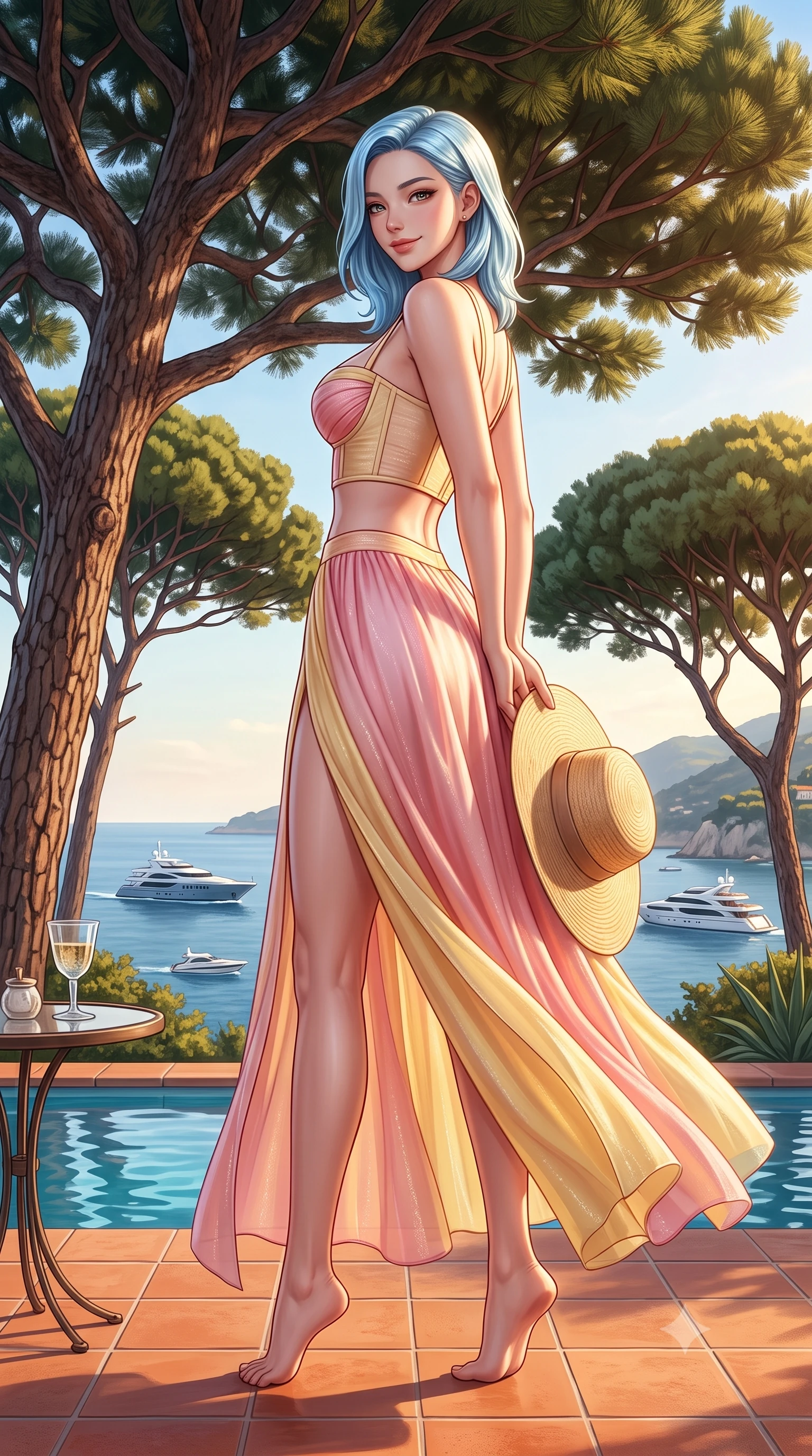 score_9, masterpiece, best quality, ultra-detailed, high-budget anime keyframe, semi-realistic 3D game render, editorial fashion photography, tasteful artistic composition, Korean woman. low angle full-body shot from head to toe showing her feet, filling the entire 9:16 vertical frame with her statuesque presence, stretching her vertical silhouette. posing with back turned slightly to the lens, glancing back with an enchanting, playful smile as she arches her lower back to emphasize her sculpted feminine hips and slender waist while standing poised on the terracotta terrace under ancient umbrella pines, arching her lower back with sovereign glamour as yachts cruise the bay. The surrounding environment is rendered in vivid detail and crisp panoramic clarity. sharp terracotta floor tile texture, umbrella pine bark relief, and glass goblet clarity in deep focus. She has an exceptionally tall and slender model-like 8.5-heads proportion, an ultra-slim waist, a flat toned midriff, narrow delicate ribcage, and beautifully sculpted feminine hips creating a graceful, slim hourglass silhouette without any bulky heaviness, with impossibly long slender legs. sharp v-shaped jawline, high-bridge nose, sparkling amber-hazel eyes with depth, long lush eyelashes, glossy sun-kissed lips with a warm coral glaze, radiant teasing smile with sensual sunlit bedroom-eyes, exuding effortless old-money elegance and intoxicating sun-drenched allure, flawlessly proportioned anatomical accuracy, strict slender model proportions, natural body alignment, perfectly sculpted long slender limbs, ultra-slim waistline, clean dynamic posture without body distortion. wearing a flowing high-slit silk chiffon resort skirt paired with an architectural bustier top framing her flat midriff in sweet strawberry milk and warm butter yellow, woven from delicate metallic lurex thread catching the golden hour sunbeams, complemented by a wide-brim straw sunhat held casually behind her back, the form-contouring cut accentuating her sculpted flat midriff, narrow delicate ribcage, and gracefully curvy hips with sun-drenched supermodel elegance. illuminated by pool bounce light and sharp champagne rim lighting sculpting her razor-sharp jawline, narrow waist, and curvy hips. highly saturated vibrant anime colors, detailed shading with soft gradients, rich glossy textures, high-contrast stereoscopic depth, volumetric dynamic lighting, master piece, 9:16 ratio
