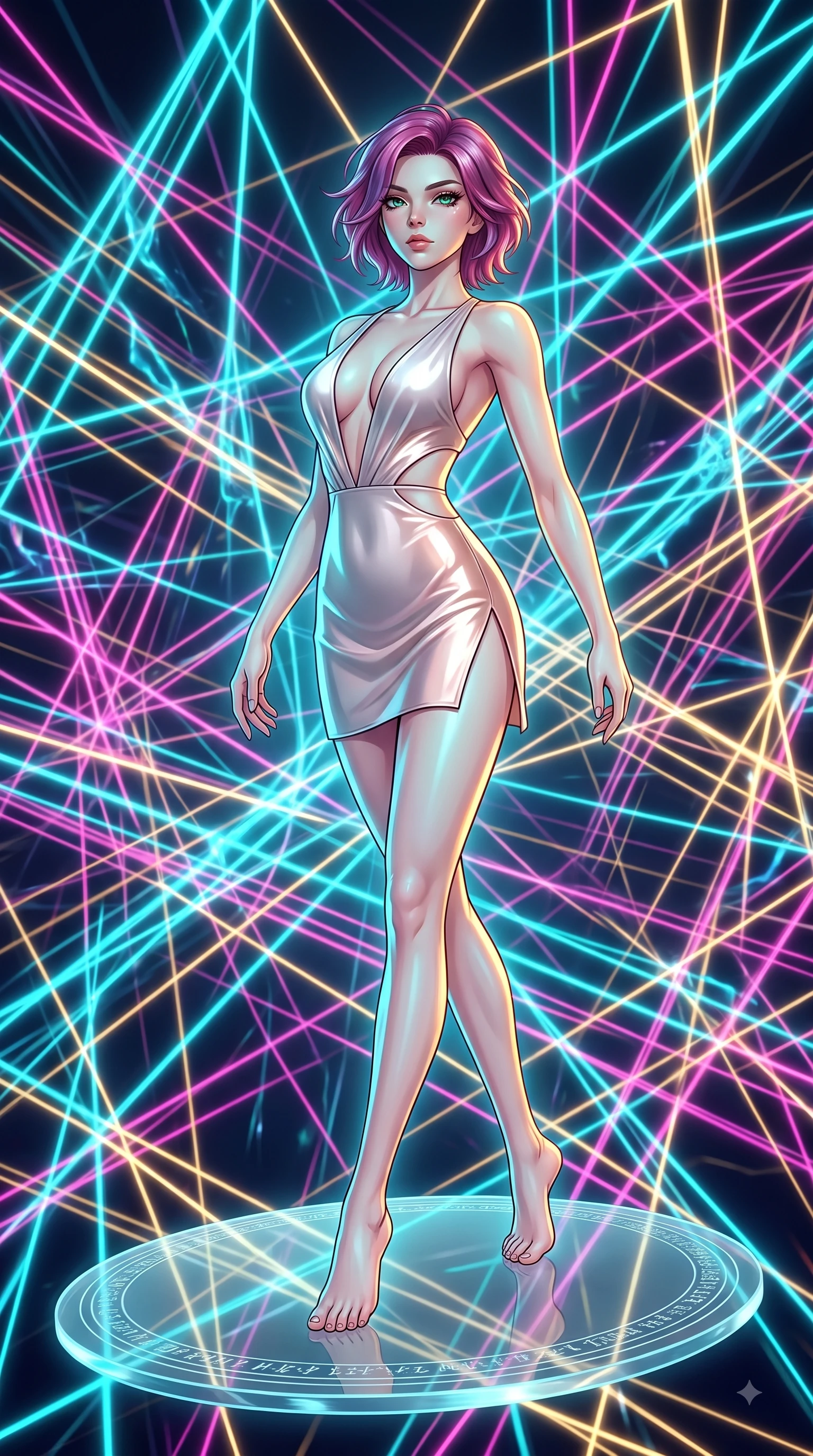 score_9, masterpiece, best quality, ultra-detailed, high-budget anime keyframe, editorial fashion photography, tasteful artistic composition, Caucasian woman. low angle full-body shot from head to toe showing her feet, filling the entire 9:16 vertical frame with her statuesque presence, stretching her vertical silhouette. performing an athletic mid-air rotation with flawless poise, her vertical silhouette beautifully stretched while pivoting her torso in an S-curve alignment on a floating glass disk inside a light matrix, fluorescent cyan, magenta, and gold light threads crossing in 3D space. She has an absolutely perfect, statuesque 8.5-heads proportion, an exceptionally tall and slender model-like female figure with impossibly long slender legs and an ultra-slim waist. sharp v-shaped jawline, high-bridge nose, intricate jewel-like eyes with depth, thick eyelashes, glossy lips with a natural sheen, flawlessly proportioned anatomical accuracy, natural body alignment, perfectly sculpted elegant limbs, clean dynamic posture without body distortion. wearing a liquid mercury gloss mini dress with ultra-deep V-neck and waist cutouts in pearl white and rose gold, crafted from smooth liquid silk, finished with a sleek side slit ascending to mid-thigh, the elegant draped fit framing her graceful clavicle and slender torso. illuminated by the brilliant glow of cyan and gold luminescent plasma threads. highly saturated vibrant anime colors, detailed shading with soft gradients, rich glossy textures, high-contrast stereoscopic depth, volumetric dynamic lighting, master piece, 9:16 ratio