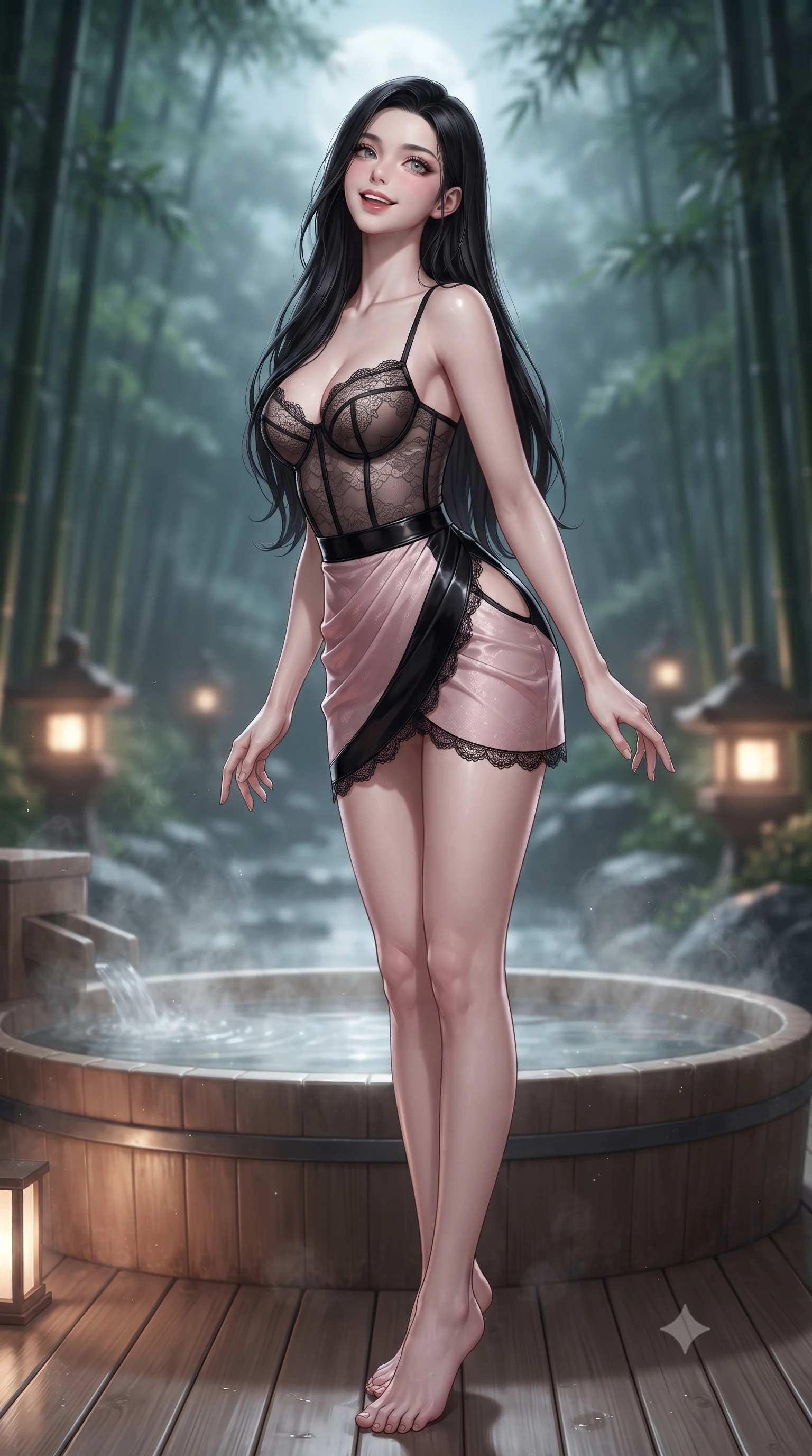 score_9, masterpiece, best quality, ultra-detailed, high-budget anime keyframe, editorial fashion photography, tasteful artistic composition, Korean woman. low angle full-body shot from head to toe showing her feet, filling the entire 9:16 vertical frame with her statuesque presence, stretching her vertical silhouette. sitting poised on the stone steps with one knee bent, arching her spine with supermodel elegance as she glances upward through thick eyelashes while standing poised on the aromatic hinoki wood deck beside the steaming outdoor cedar soaking tub, arching her lower back with magnetic siren poise as moonbeams filter through bamboo leaves. The background shows a soft-focus whispering Arashiyama bamboo stalks swayed by night breeze, glowing stone toro lanterns, and misty moonlit river gorge blurred into jade, silver, and charcoal bokeh. She has an exceptionally tall and slender model-like 8.5-heads proportion, an ultra-slim waist, a flat toned midriff, narrow delicate ribcage, and beautifully sculpted feminine hips creating a graceful, slim hourglass silhouette without any bulky heaviness, with impossibly long slender legs. sharp v-shaped jawline, high-bridge nose, intricate jewel-like sparkling eyes with depth, thick eyelashes, glossy parted lips with a natural peach sheen, bright cheerful beaming smile with an enchanting and coquettish sensual glint, exuding both youthful cute charm and seductive allure, flawlessly proportioned anatomical accuracy, strict slender model proportions, natural body alignment, perfectly sculpted long slender limbs, ultra-slim waistline, clean dynamic posture without body distortion. wearing a sculpted underwire demi-bustier in semi-sheer lace paired with an ultra-short draped tulip skirt in Kyoto moonlit sakura blush and polished urushi black, woven from fine semi-opaque stretch illusion mesh tracing her slender contours, finished with scalloped eyelash lace trim framing her sweetheart neckline with intimate elegance, the precision-cut side openings and low-back scoop framing her graceful spine and the sensual sweep of her slim, toned hips. illuminated by hot spring water caustics bounce and sharp pearlescent rim lights sculpting her jawline, flat midriff, and curvaceous hips. ultra-reflective glossy finish, specular highlights, rich textural contrasts, high-contrast stereoscopic depth, volumetric dynamic lighting, 2k, ultra detail, master piece, 9:16 ratio