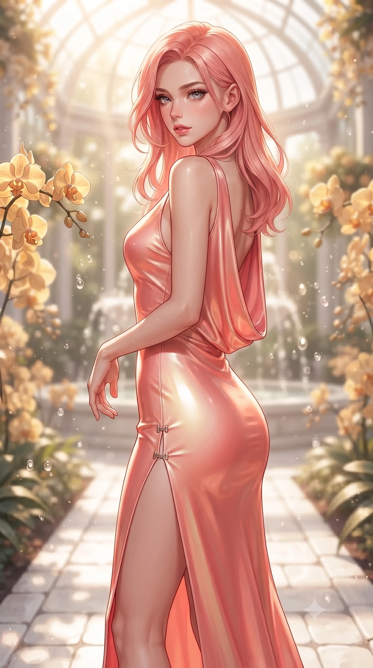 score_9, masterpiece, best quality, ultra-detailed, high-budget anime keyframe, editorial fashion photography, tasteful artistic composition, Japanese woman. close-up cowboy shot from the waist and thighs up, the character dominates the composition, filling the frame with her large presence. twisting her upper body in a dynamic S-curve with an alluring smolder, one hand trailing along her slender waist while walking gracefully along a sunlit white stone aisle in a grand crystal conservatory surrounded by golden orchids. The composition keeps background elements in soft focus with creamy bokeh. streaming sunbeams and fountain water droplets softened in a dreamy, warm depth of field. She has an exceptionally elegant, slender, and willowy female figure with an ultra-slim waist, a gracefully sculpted slender torso, toned flat midriff, and a refined slim silhouette. sharp v-shaped jawline, high-bridge nose, intricate jewel-like eyes with depth, thick eyelashes, glossy lips with a natural sheen, flawlessly proportioned anatomical accuracy, strict slender model proportions, natural body alignment, perfectly sculpted long slender limbs, ultra-slim waistline, clean dynamic posture without body distortion. wearing a precision-fitted liquid jersey bodycon dress with a dramatic draped cowl back that swoops down to her waist and a high side slit in radiant coral pink and champagne ivory, crafted from ultra-reflective second-skin latex with a high-gloss glass-like polish, finished with an ultra-high side slit secured by miniature magnetic clasps, the precision-cut daring openings accentuating her delicate midriff, graceful bare collarbones, and ultra-slim feminine waistline. illuminated by fresh botanical ambient radiance with organic leaf-shadow stencils on her skin. ultra-reflective glossy finish, specular highlights, metallic sheen, high-contrast stereoscopic depth, volumetric dynamic lighting, 2k, ultra detail, master piece, 9:16 ratio