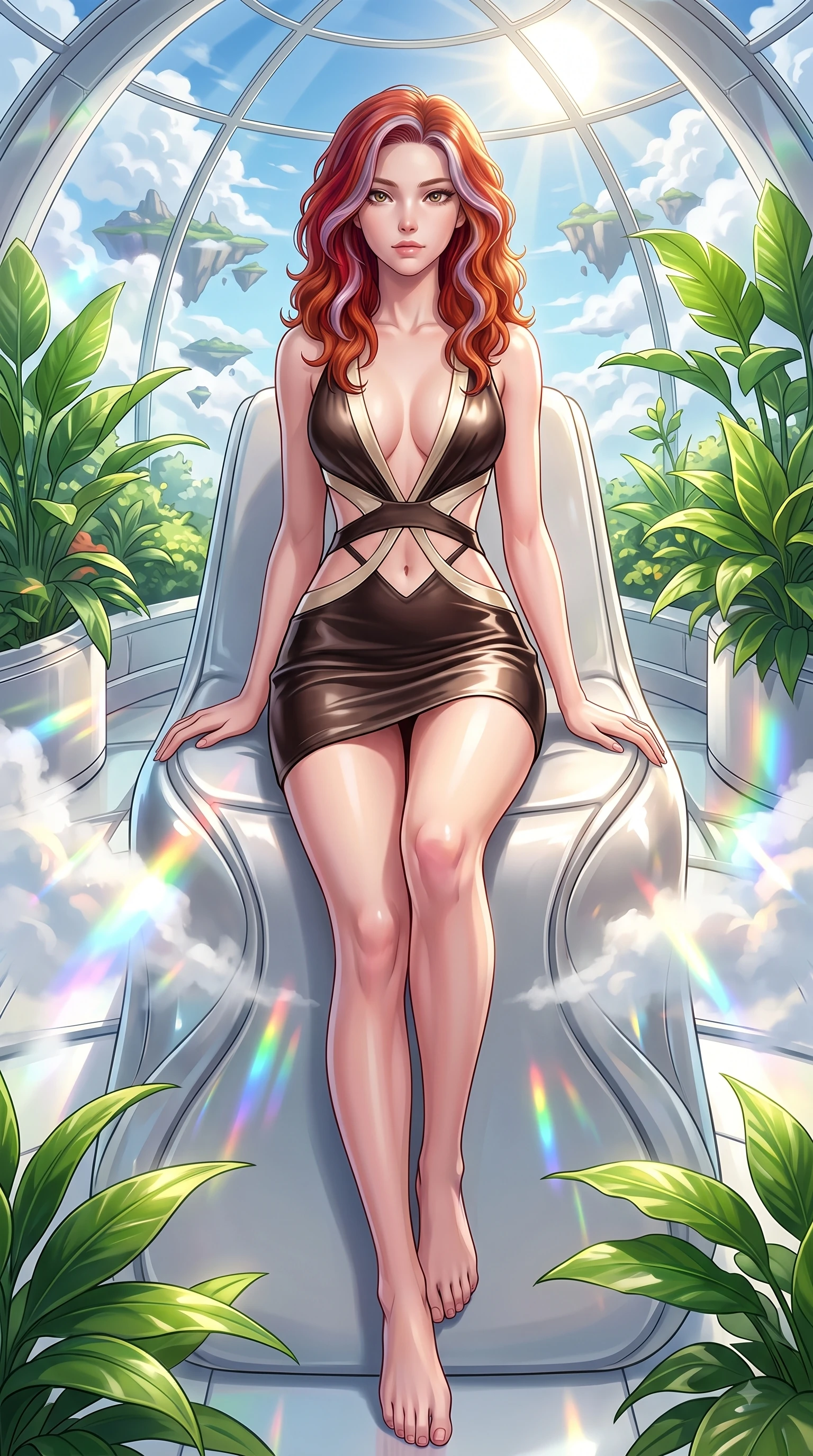 score_9, masterpiece, best quality, ultra-detailed, high-budget anime keyframe, editorial fashion photography, tasteful artistic composition, Caucasian woman. low angle full-body shot from head to toe showing her feet, filling the entire 9:16 vertical frame with her statuesque presence, stretching her vertical silhouette. stepping forward in a proud dynamic stride with an alluring waist tilt, her vertical silhouette filling the frame while lounging gracefully on a platinum sunbed in a sunlit botanical dome overlooking flying cloud islands, steam clouds refracting sunlight into brilliant rainbow prisms around her form. She has an absolutely perfect, statuesque 8.5-heads proportion, an exceptionally tall and slender model-like female figure with impossibly long slender legs and an ultra-slim waist. sharp v-shaped jawline, high-bridge nose, intricate jewel-like eyes with depth, thick eyelashes, glossy lips with a natural sheen, flawlessly proportioned anatomical accuracy, natural body alignment, perfectly sculpted elegant limbs, clean dynamic posture without body distortion. wearing a liquid mercury gloss mini dress with ultra-deep V-neck and waist cutouts in espresso brown and warm cream, crafted from smooth liquid silk, featuring subtle geometric cutouts that highlight her ultra-slim midriff, the tailored fabric tightly following every curve of her athletic build. surrounded by a bright, airy ambiance with radiant white and green highlights. highly saturated vibrant anime colors, detailed shading with soft gradients, rich glossy textures, high-contrast stereoscopic depth, volumetric dynamic lighting, master piece, 9:16 ratio