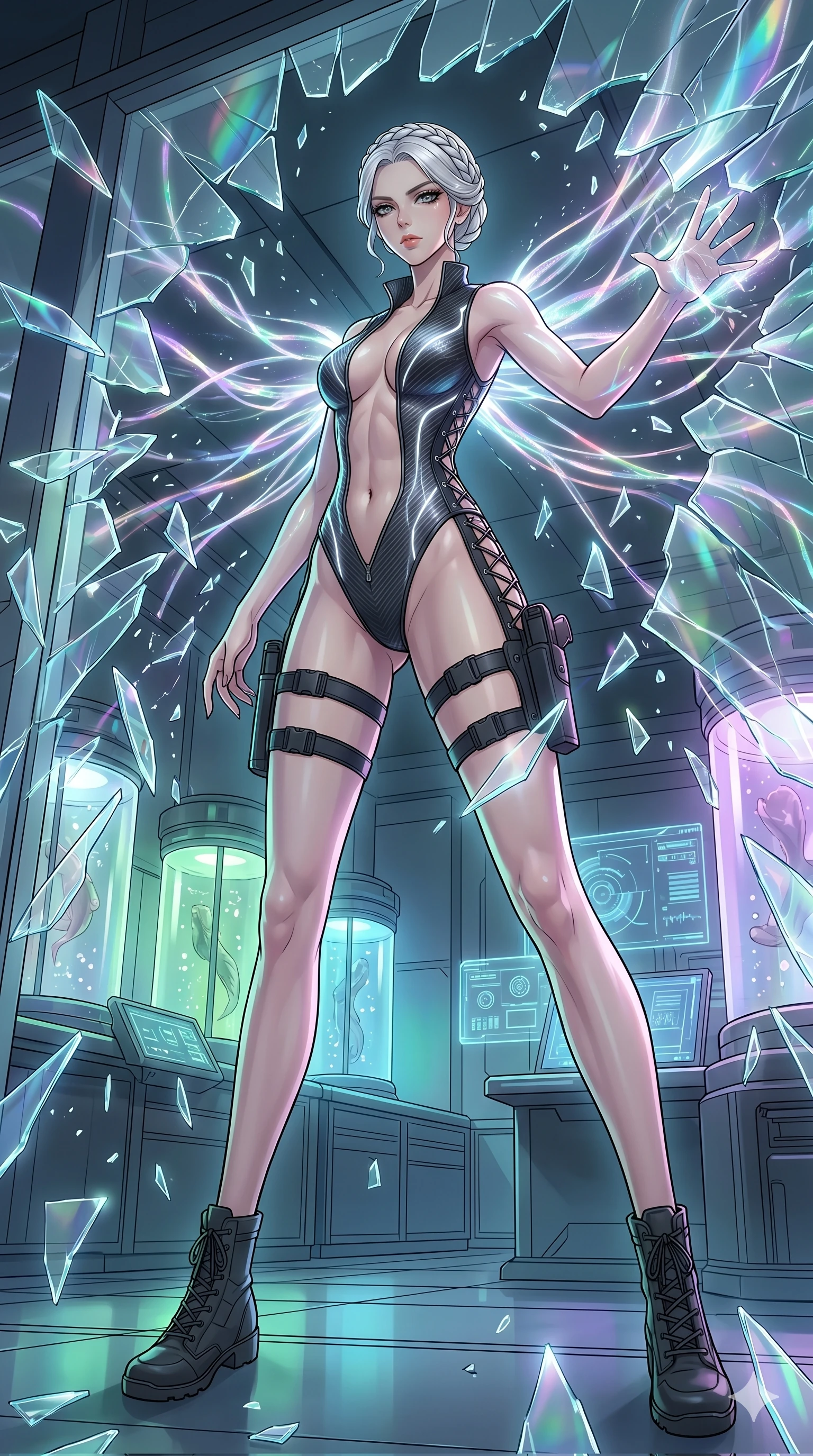 score_9, masterpiece, best quality, ultra-detailed, High-budget Anime Keyframe, vibrant colors, fluid line-art, expressive lighting, cinematic composition, Ufotable-style visual effects, top-tier animation quality, Japanese woman with delicate and elegant anime-inspired features. Wide-angle low shot emphasizing her impossibly long slender legs and commanding stature. Shattering a massive wall of reinforced glass with her sheer powerful mental aura, shards of glass flying in slow motion around her. She has an absolutely perfect 8-heads proportion, an exceptionally tall and slender female figure with impossibly long slender legs and an ultra-slim waist, her statuesque height and towering silhouette dominating the vertical 9:16 frame. Her face is a masterpiece featuring a sharp v-shaped jawline, high-bridge nose, intricate jewel-like eyes with depth, thick eyelashes, and glossy lips with a natural sheen. She is wearing a Sleek tactical leotard with thigh-high holsters, unzipped deeply to show her midriff crafted from Carbon-fiber weave with a high-tech matte finish and integrated glowing filaments, featuring a deep plunging neckline and delicate lace-up side details. The scene is set in a high-tech research laboratory with glowing glass tanks and complex holographic interfaces, illuminated by soft bioluminescent glow from the environment casting ethereal colors on her skin. 2k, ultra detail, master piece, 9:16 ratio