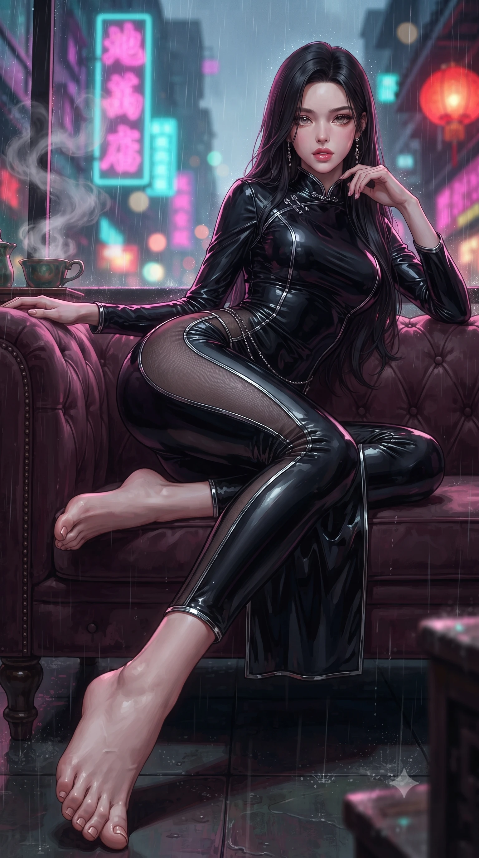 score_9, masterpiece, best quality, ultra-detailed, high-budget anime keyframe, editorial fashion photography, tasteful artistic composition, Korean woman. low angle full-body shot from head to toe showing her feet, filling the entire 9:16 vertical frame with her statuesque presence, stretching her vertical silhouette. reclining on her side in an elegant Cleopatra pose with one knee drawn up, the dramatic contour of her rounded hips and long slender legs commanding the 9:16 vertical frame while reclining on a vintage velvet Chesterfield sofa inside a rain-streaked rooftop teahouse, one knee drawn up in a seductive Cleopatra pose. The composition keeps background elements in soft focus with creamy bokeh. swirling tea steam vapors and glowing neon kanji signs blurred into electric magenta, turquoise, and lantern-scarlet bokeh. She has an absolutely perfect, statuesque 8.5-heads proportion, an exceptionally tall and slender model-like female figure with impossibly long slender legs, a toned flat midriff, an ultra-slim waist, and beautifully sculpted feminine hips. sharp v-shaped jawline, high-bridge nose, intricate jewel-like eyes with depth, thick eyelashes, glossy parted lips with a natural sheen, intensely captivating and seductive bedroom-eyes expression, flawlessly proportioned anatomical accuracy, strict slender model proportions, natural body alignment, perfectly sculpted long slender limbs, ultra-slim waistline, clean dynamic posture without body distortion. wearing a second-skin vinyl cheongsam catsuit with sheer mesh side panels tracing the full curve of her hip in pitch-black vinyl and specular chrome trim, made of sheer contouring power-mesh panels with anatomical curve lines, complemented by a delicate metallic hip chain catching the neon rain caustics, the liquid-tight tailored fabric clinging flawlessly to her narrow waist and rounded feminine hips, emphasizing every millimeter of her sculpted hourglass curves during movement. surrounded by an enigmatic, sultry, and breathtakingly hypnotic cyber-femme fatale aura. ultra-reflective glossy finish, specular highlights, rich textural contrasts, high-contrast stereoscopic depth, volumetric dynamic lighting, 2k, ultra detail, master piece, 9:16 ratio