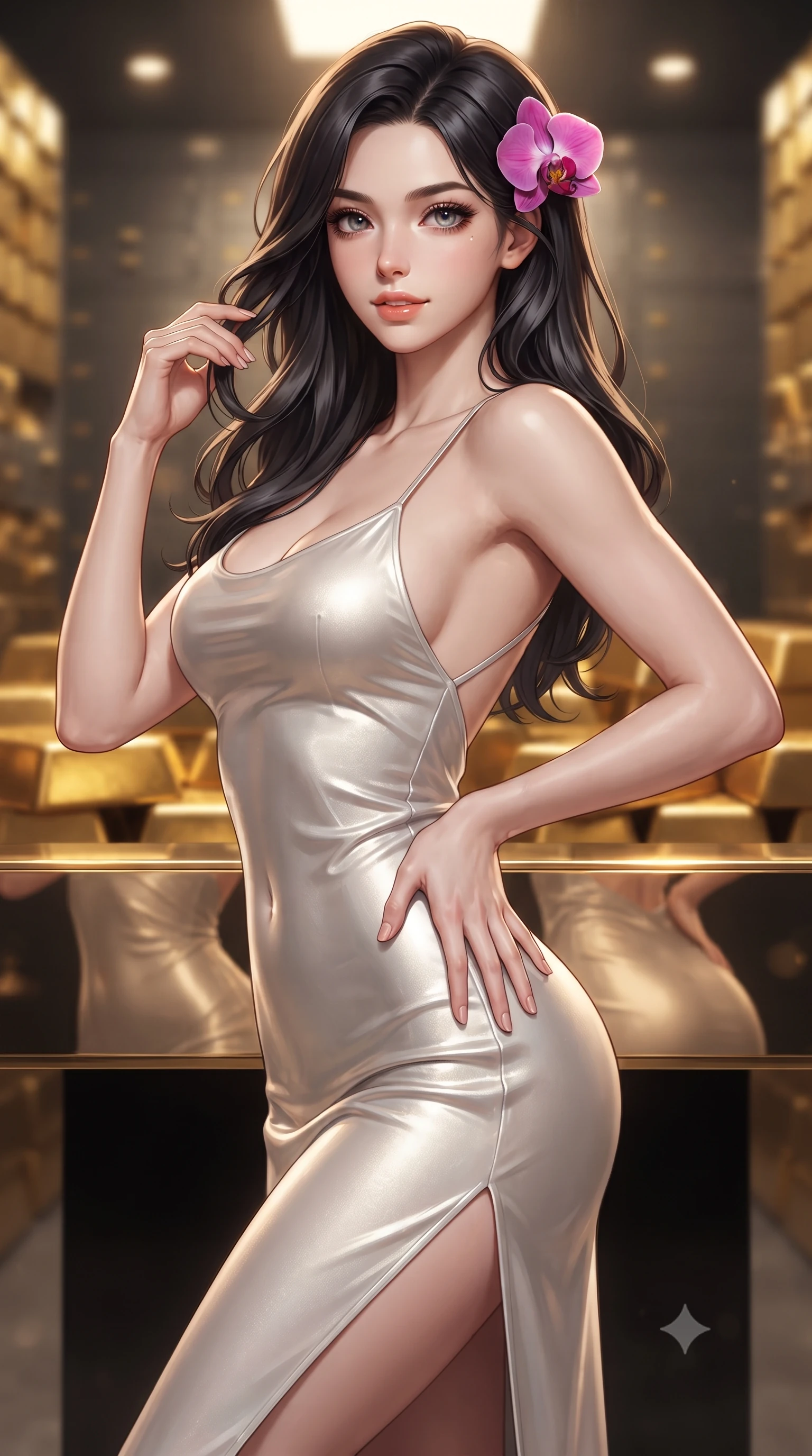 score_9, masterpiece, best quality, ultra-detailed, high-budget anime keyframe, editorial fashion photography, tasteful artistic composition, Korean woman. close-up cowboy shot from the waist and thighs up, the character dominates the composition, filling the frame with her large presence. twisting her slender torso in an alluring contrapposto stance, one hand resting on her sculpted hip while her fingers toy with her hair with effortless poise while twisting her slender torso in an alluring S-curve, mirrored gold bar surfaces reflecting her sculpted flat midriff and curvy hips. The background shows a soft-focus endless walls of gleaming solid gold bars, heavy titanium vault lock bolts, and safety deposit drawers blurred into molten gold, platinum, and charcoal bokeh. She has an exceptionally elegant, slender, and willowy female figure with an ultra-slim waist, flat toned midriff, narrow ribcage, and sculpted feminine hips creating an alluring, slim hourglass silhouette without bulk. sharp v-shaped jawline, high-bridge nose, sparkling eyes with hypnotic seductive depth, thick curled eyelashes, glossy parted lips with a natural dewy peach sheen, alluring bedroom-eyes with an enchanting coquettish smile, exuding magnetic siren charisma and sophisticated glamour, flawlessly proportioned anatomical accuracy, strict slender model proportions, natural body alignment, perfectly sculpted long slender limbs, ultra-slim waistline, clean dynamic posture without body distortion. wearing a form-contouring metallic lamé slip dress clinging like a second skin with hip-high side slits and open criss-cross back in pure pearl alabaster with liquid platinum sheen, tailored from ultra-plush velvet with rich tactile depth and deep shadow gradients, accented with a fresh-bloomed exotic magenta orchid tucked gracefully into her dark glossy hair, the liquid-tight tailored fabric clinging flawlessly to her narrow waist and rounded feminine hips, emphasizing every millimeter of her sculpted slim hourglass curves without any bulky heaviness. illuminated by gold bullion bounce fill and sharp warm-gold rim lights defining her delicate clavicles, narrow waist, and curvy hips. ultra-reflective glossy finish, specular highlights, rich textural contrasts, high-contrast stereoscopic depth, volumetric dynamic lighting, 2k, ultra detail, master piece, 9:16 ratio