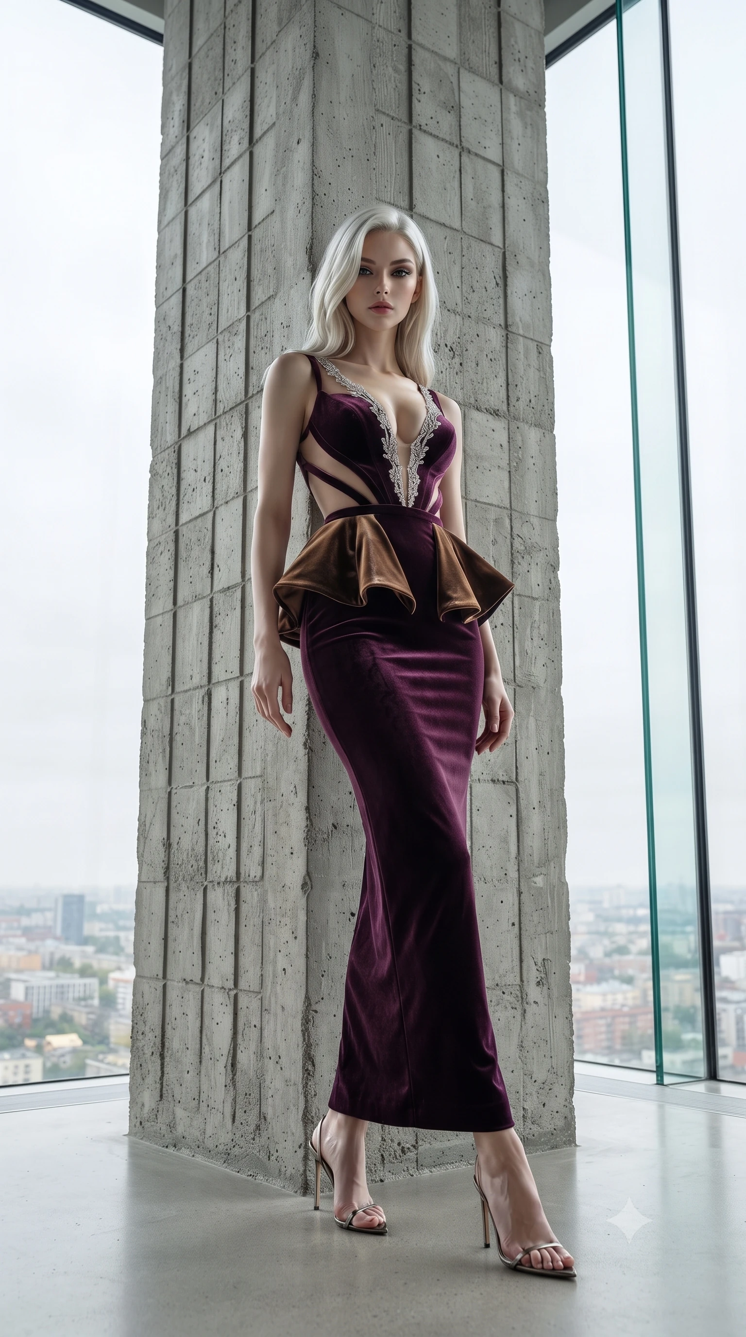 score_9, masterpiece, best quality, ultra-detailed, high-budget anime keyframe, editorial fashion photography, tasteful artistic composition, Caucasian woman. low angle full-body shot from head to toe showing her feet, filling the entire 9:16 vertical frame with her statuesque presence, stretching her vertical silhouette. striding forward in a proud supermodel runway stride, hips swaying in an alluring kinetic rhythm that accentuates her curvy hourglass silhouette while leaning against a monumental board-formed raw concrete pillar, arching her lower back with high-fashion sovereign poise beside vast frameless glass. The surrounding environment is rendered in vivid detail and crisp panoramic clarity. detailed minimalist dress texture, soft skin highlights, and architectural concrete grid clarity in high resolution. She has an exceptionally tall and slender model-like 8.5-heads proportion, an ultra-slim waist, a flat toned midriff, narrow delicate ribcage, and beautifully sculpted feminine hips creating a graceful, slim hourglass silhouette without any bulky heaviness, with impossibly long slender legs. sharp v-shaped jawline, high-bridge nose, intricate jewel-like eyes with depth, thick eyelashes, glossy parted lips with a natural sheen, intensely captivating and seductive bedroom-eyes expression, flawlessly proportioned anatomical accuracy, strict slender model proportions, natural body alignment, perfectly sculpted long slender limbs, ultra-slim waistline, clean dynamic posture without body distortion. wearing a structural geometric peplum gown with sheer side-ribbon cutouts and form-fitting skirt in deep plum violet and antique bronze, crafted from heavyweight crushed silk velvet with liquid vintage luster, finished with delicate crystal frost embroidery tracing the plunging neckline, the form-contouring material adhering flawlessly to her sculpted flat midriff and slender torso, emphasizing her long leg lines and perfectly proportioned willowy build. bathed in pure, diffused Scandinavian overcast daylight filtering through monumental glass walls. ultra-reflective glossy finish, specular highlights, rich textural contrasts, high-contrast stereoscopic depth, volumetric dynamic lighting, 2k, ultra detail, master piece, 9:16 ratio