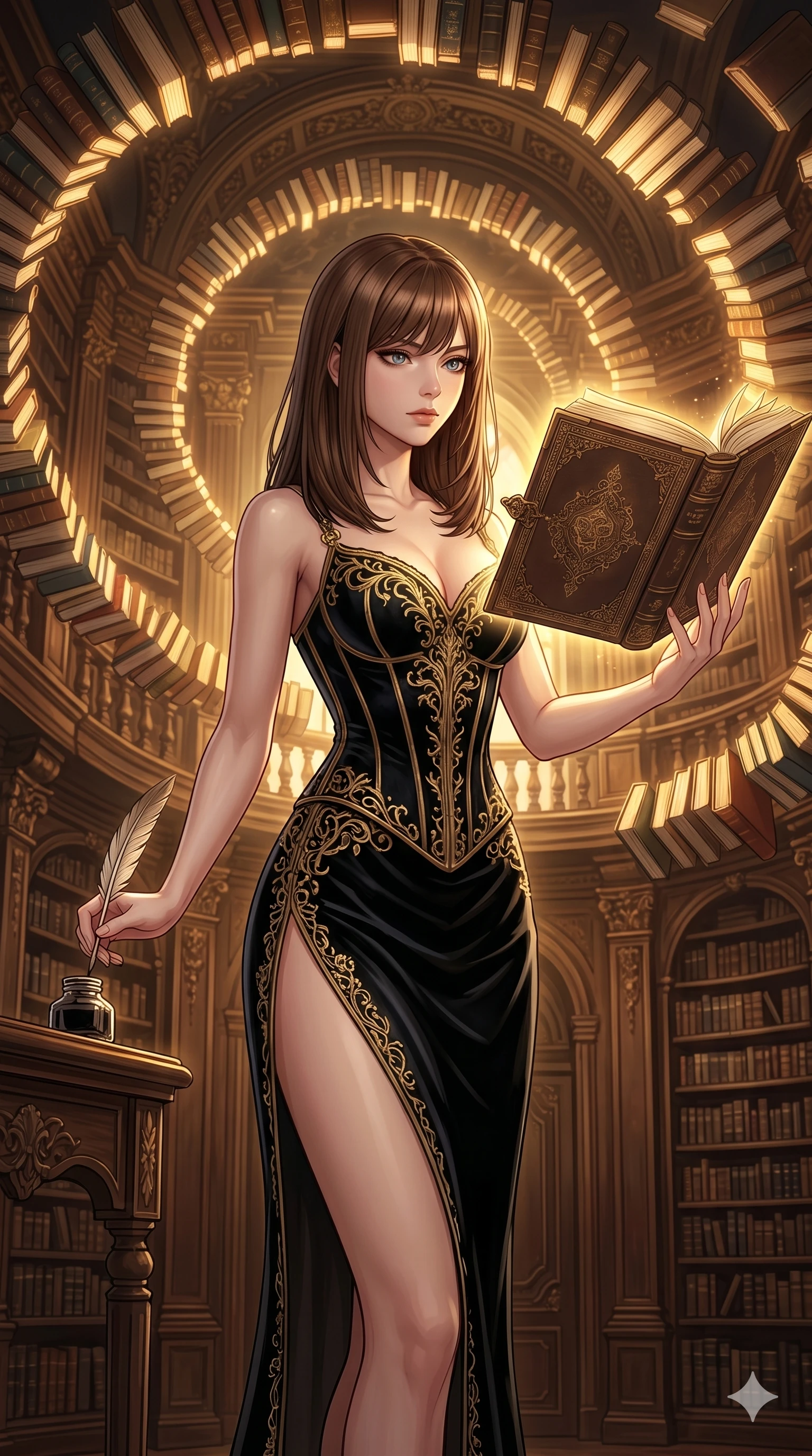 score_9, masterpiece, best quality, ultra-detailed, high-budget anime keyframe, editorial fashion photography, tasteful artistic composition, Korean woman. cowboy shot from the thighs up, character and outfit filling the frame for maximum editorial presence. gazing at a floating glowing manuscript, her expression composed, intelligent and powerful in a grand baroque library where books float in a slow spiral (Code-P16-027). She has an absolutely perfect 8-heads proportion, an exceptionally tall and slender female figure with impossibly long slender legs and an ultra-slim waist. V-shaped jawline, high-bridge nose, intricate jewel-like eyes with depth, thick eyelashes, glossy lips with a natural sheen. wearing a structured black velvet corset dress with gold embroidery and a high side slit to mid-thigh. warm golden light emanating from the floating books, casting rich shadows on her face. 2k, ultra detail, master piece, 9:16 ratio