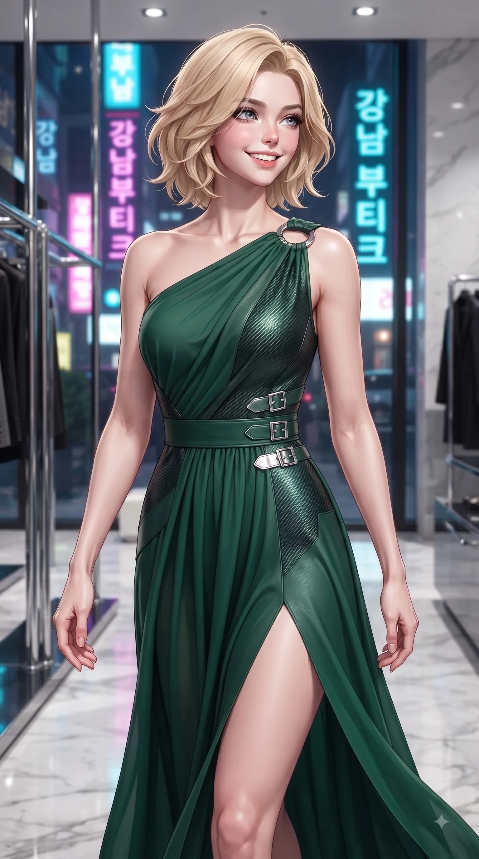 score_9, masterpiece, best quality, ultra-detailed, high-budget anime keyframe, editorial fashion photography, tasteful artistic composition, Caucasian woman. close-up cowboy shot from the waist and thighs up, the character dominates the composition, filling the frame with her large presence, background elements kept in soft focus. Radiant youthful grin reflecting college charm while casting a playful, joyful side-gaze with heavy lashes while stepping gracefully through a luxury fashion boutique in Gangnam with a chic, magnetic posture, sleek chrome fixtures and polished marble floors reflecting crisp editorial key lights. She has an exceptionally elegant, slender, and willowy female figure with an ultra-slim waist, a gracefully sculpted slender torso, and a refined silhouette. sharp v-shaped jawline, high-bridge nose, intricate jewel-like eyes with depth, thick eyelashes, glossy lips with a natural sheen, flawlessly proportioned anatomical accuracy, natural body alignment, perfectly sculpted elegant limbs, clean dynamic posture without body distortion. wearing an asymmetrical Grecian draped chiffon gown with a metallic shoulder ring in deep emerald green and silver accent, made of fine carbon-fiber weave and soft matte leather, detailed with polished silver buckles along the waistline, the tailored fabric tightly following every curve of her athletic build. illuminated by vibrant neon skyline glow and clear specular rim highlights. ultra-reflective glossy finish, specular highlights, metallic sheen, high-contrast stereoscopic depth, volumetric dynamic lighting, 2k, ultra detail, master piece, 9:16 ratio
