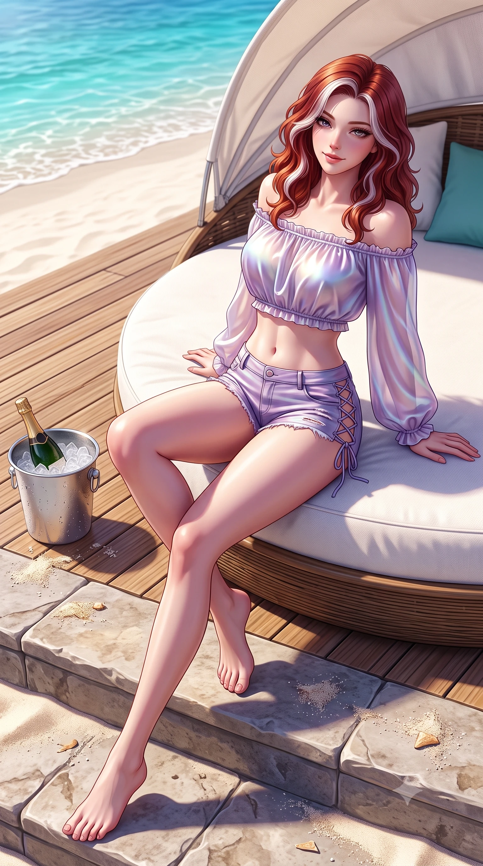 score_9, masterpiece, best quality, ultra-detailed, high-budget anime keyframe, semi-realistic 3D game render, editorial fashion photography, tasteful artistic composition, Caucasian woman. low angle full-body shot from head to toe showing her feet, filling the entire 9:16 vertical frame with her statuesque presence, stretching her vertical silhouette. sitting poised on the stone steps with one knee bent, arching her spine with supermodel elegance as she glances upward through thick eyelashes while lounging across the circular white canvas daybed with legs crossed, arching her lower back with sovereign Riviera beach allure. The surrounding environment is rendered in vivid detail and crisp panoramic clarity: sharp teak boardwalk grain, fine white sand granules, and champagne bucket condensation droplets in deep focus. She has an absolutely perfect, statuesque 8.5-heads proportion, an exceptionally tall and slender model-like female figure with impossibly long slender legs, an ultra-slim waist, a flat toned midriff, narrow delicate ribcage, and beautifully sculpted feminine hips creating a graceful, slim hourglass silhouette without any bulky heaviness. sharp v-shaped jawline, high-bridge nose, sparkling eyes with hypnotic seductive depth, thick curled eyelashes, glossy parted lips with a natural dewy peach sheen, alluring bedroom-eyes with an enchanting coquettish smile, exuding magnetic siren charisma and sophisticated glamour, flawlessly proportioned anatomical accuracy, strict slender model proportions, natural body alignment, perfectly sculpted long slender limbs, ultra-slim waistline, clean dynamic posture without body distortion. wearing an off-the-shoulder sheer peasant crop blouse with elastic ruched neckline paired with tight distressed cutoff shorts in iridescent mother-of-pearl and dusk lavender, crafted from fluid liquid silk satin that clings smoothly to every curve with a dewy sheen, featuring fine criss-cross lace-up side ties revealing tantalizing glimpses of her hip curve, the form-contouring silhouette accentuating her sculpted flat midriff, narrow delicate ribcage, and gracefully curvy hips with intoxicating allure. bathed in brilliant Mediterranean afternoon sunlight bouncing up from white sands and turquoise water. highly saturated vibrant anime colors, detailed shading with soft gradients, rich glossy textures, high-contrast stereoscopic depth, volumetric dynamic lighting, master piece, 9:16 ratio