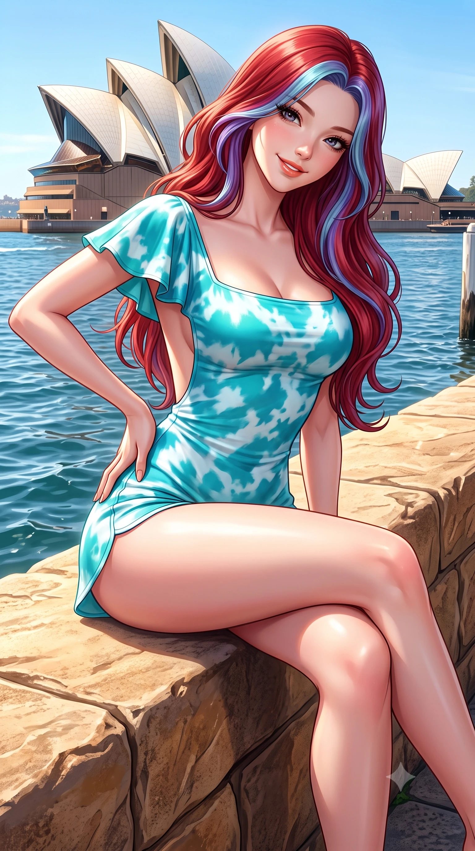 score_9, masterpiece, best quality, ultra-detailed, high-budget anime keyframe, semi-realistic 3D game render, editorial fashion photography, tasteful artistic composition, Caucasian woman. close-up cowboy shot from the waist and thighs up, the character dominates the composition, filling the frame with her large presence. tilting her head with a cute beaming smile while arching her spine with effortless dancer poise, one hand sliding along her hip line in a flirtatious S-curve while sitting perched on the sunlit sandstone seawall with legs crossed, her toned flat midriff and curvy hips glowing in the radiant Australian sun. The surrounding environment is rendered in vivid detail and crisp panoramic clarity. sharp sandstone seawall textures, Opera House ceramic tile clarity, and harbour water ripple caustics in deep focus. She has an exceptionally elegant, slender, and willowy female figure with an ultra-slim waist, flat toned midriff, narrow ribcage, and sculpted feminine hips creating an alluring, slim hourglass silhouette without bulk. sharp v-shaped jawline, high-bridge nose, intricate jewel-like sparkling eyes with depth, thick eyelashes, glossy parted lips with a natural peach sheen, bright cheerful beaming smile with an enchanting and coquettish sensual glint, exuding both youthful cute charm and seductive allure, flawlessly proportioned anatomical accuracy, strict slender model proportions, natural body alignment, perfectly sculpted long slender limbs, ultra-slim waistline, clean dynamic posture without body distortion. wearing a second-skin stretch cotton camisole romper with high-cut leg openings and an open back in ocean turquoise and sea-salt white, made of smooth fluid silk satin with a delicate pearlescent sheen, featuring elegant flutter sleeves and a graceful square neckline, the glove-like silhouette tightly following the natural contour of her hips and long slender legs with youthful 8.5-heads elegance. illuminated by intense specular sea reflections sharply carving her razor-sharp jawline, narrow waist, and curvy hips. highly saturated vibrant anime colors, detailed shading with soft gradients, rich glossy textures, high-contrast stereoscopic depth, volumetric dynamic lighting, master piece, 9:16 ratio