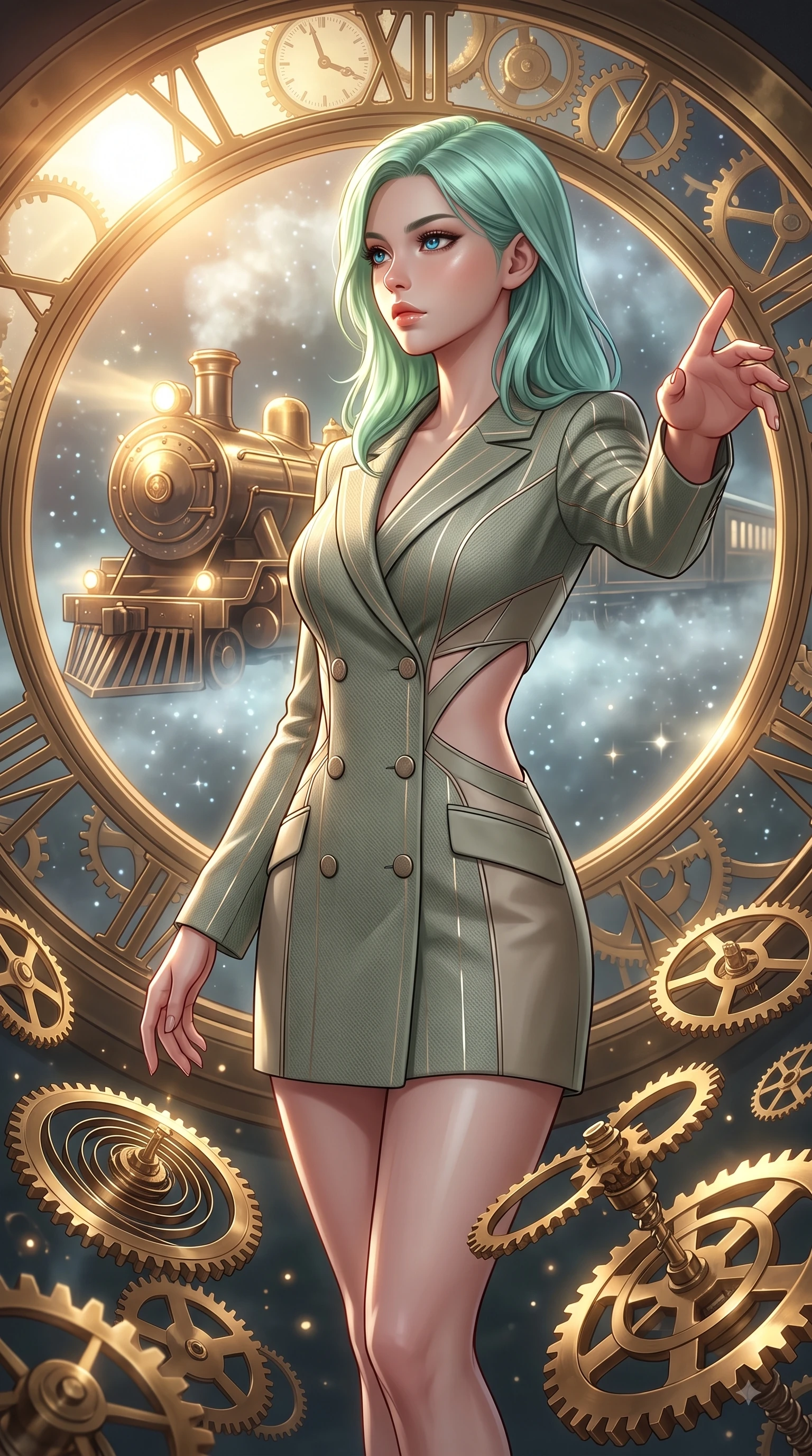 score_9, masterpiece, best quality, ultra-detailed, high-budget anime keyframe, editorial fashion photography, tasteful artistic composition, Japanese woman. close-up cowboy shot from the waist and thighs up, the character dominates the composition, filling the frame with her large presence, background elements kept in soft focus. Reaching one arm gracefully toward the camera with magnetic poise, displaying her statuesque silhouette while gazing out a circular clock window at a galaxy express train passing through starlight mist, floating brass gears and clocksprings casting intricate metallic reflections. She has an exceptionally elegant, slender, and willowy female figure with an ultra-slim waist, a gracefully sculpted slender torso, and a refined silhouette. sharp v-shaped jawline, high-bridge nose, intricate jewel-like eyes with depth, thick eyelashes, glossy lips with a natural sheen, flawlessly proportioned anatomical accuracy, natural body alignment, perfectly sculpted elegant limbs, clean dynamic posture without body distortion. wearing a double-breasted blazer dress with subtle metallic pin-stripes in sage green and oatmeal, made of fine carbon-fiber weave and soft matte leather, featuring subtle geometric cutouts that highlight her ultra-slim midriff, the tailored fabric tightly following every curve of her athletic build. illuminated by a brilliant golden hour glow filtering through clockwork dials. ultra-reflective glossy finish, specular highlights, metallic sheen, high-contrast stereoscopic depth, volumetric dynamic lighting, 2k, ultra detail, master piece, 9:16 ratio