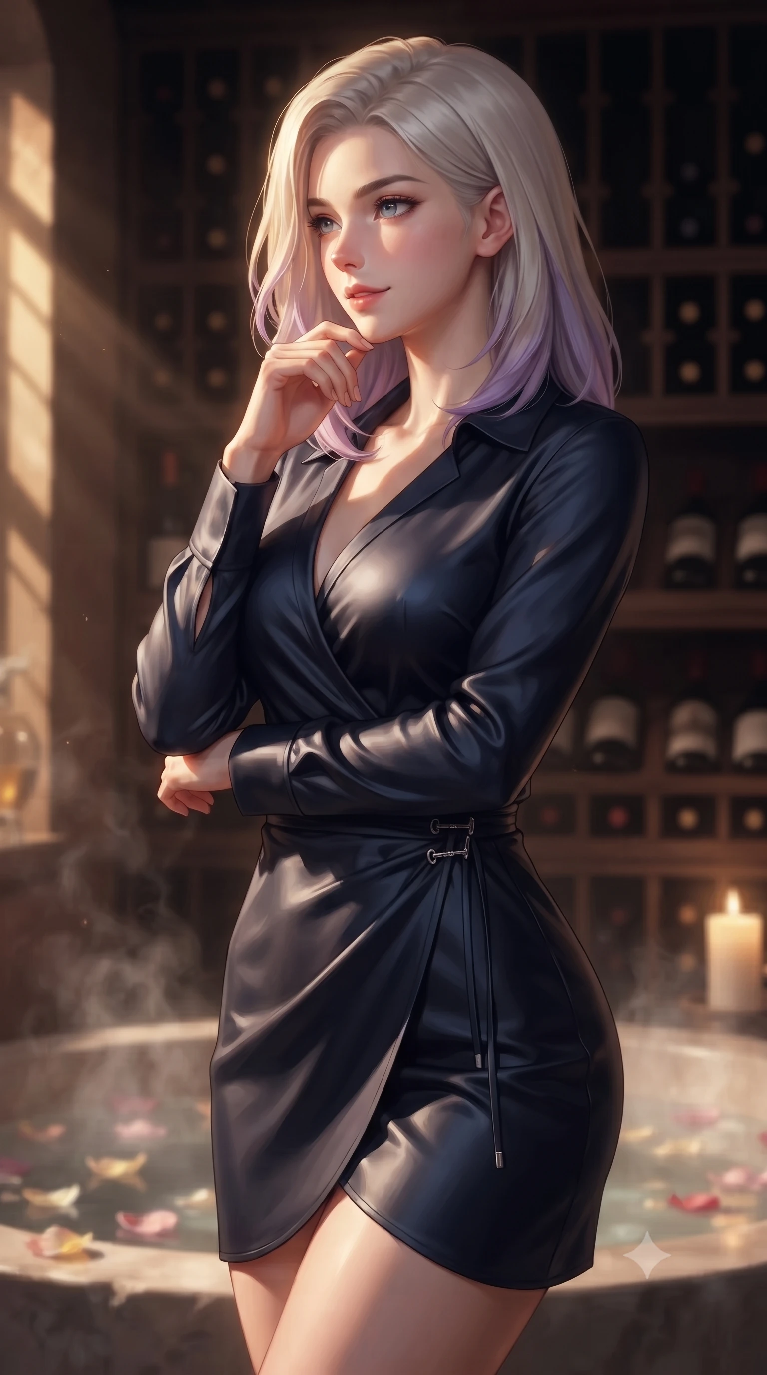 score_9, masterpiece, best quality, ultra-detailed, high-budget anime keyframe, editorial fashion photography, tasteful artistic composition, Caucasian woman. close-up cowboy shot from the waist and thighs up, the character dominates the composition, filling the frame with her large presence, background elements kept in soft focus. gazing past the camera with a dreamy, sensual smile, her face illuminated by warm candlelight set against a soft-focus background of inside an exclusive wine cellar alcove with rising mineral steam and floating flower petals on the clear water surface. She has an exceptionally elegant, slender, and willowy female figure with an ultra-slim waist, a gracefully sculpted slender torso, and a refined silhouette. sharp v-shaped jawline, high-bridge nose, intricate jewel-like eyes with depth, thick eyelashes, glossy lips with a natural sheen. wearing body-hugging midnight navy soft linen sleek long-sleeve silk wrap dress contouring her ultra-slim waist elegantly accented with delicate silver hardware. bathed in warm golden hour sunbeams that cast long, romantic shadows across the floor. ultra-reflective glossy finish, specular highlights, metallic sheen, high-contrast stereoscopic depth, volumetric dynamic lighting, 2k, ultra detail, master piece, 9:16 ratio