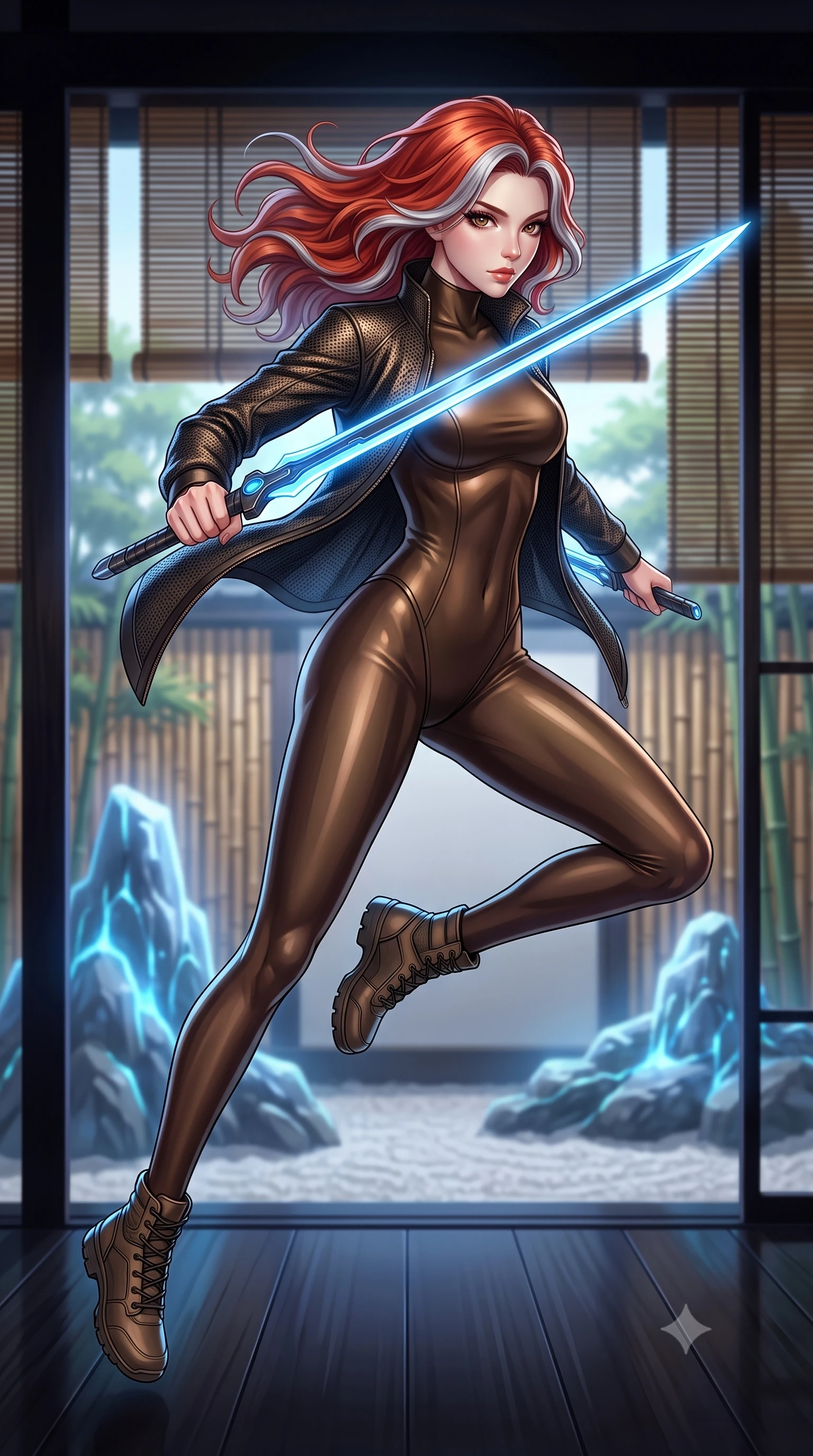 score_9, masterpiece, best quality, ultra-detailed, high-budget anime keyframe, editorial fashion photography, tasteful artistic composition, Caucasian woman. low angle full-body shot from head to toe showing her feet, filling the entire 9:16 vertical frame with her statuesque presence, stretching her vertical silhouette. leaping forward while slashing with a twin-bladed plasma sword in mid-air, her body-contouring suit showing her athletic silhouette, the background shows a soft-focus a rock garden veranda made of polished obsidian wood and bamboo screens. She has an absolutely perfect, statuesque 8.5-heads proportion, an exceptionally tall and slender model-like female figure with impossibly long slender legs and an ultra-slim waist. sharp v-shaped jawline, high-bridge nose, intricate jewel-like eyes with depth, thick eyelashes, glossy lips with a natural sheen. wearing a slim-fit form-fitting high-neck bodysuit in dark bronze, worn under a tailored open carbon-mesh tactical jacket. soft blue light radiating from digital rocks onto her refined profile. highly saturated vibrant anime colors, detailed shading with soft gradients, rich glossy textures, high-contrast stereoscopic depth, volumetric dynamic lighting, master piece, 9:16 ratio