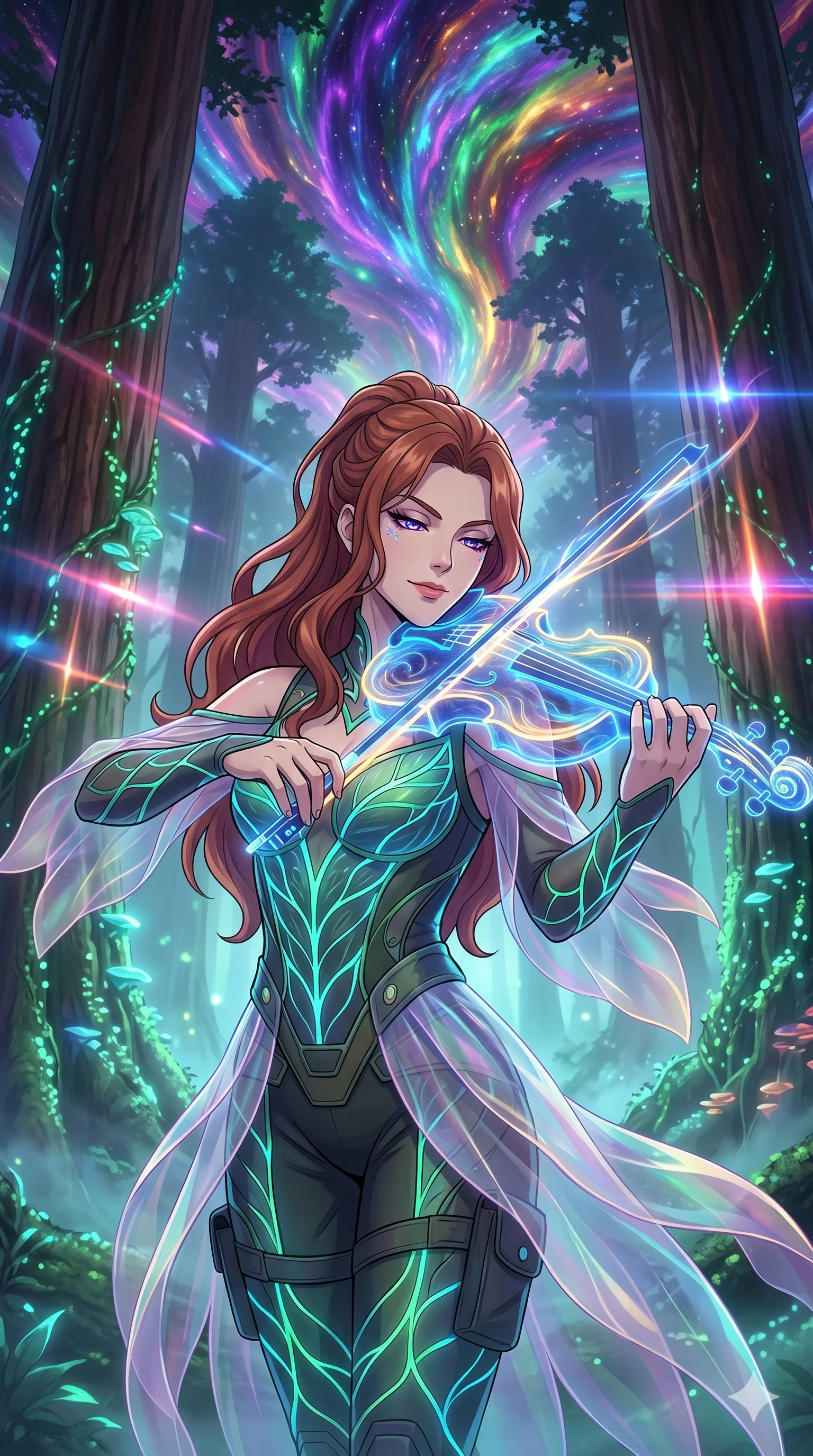 score_9, masterpiece, best quality, ultra-detailed, Set A: High-budget Anime Keyframe, Caucasian (human ears) woman. Upper body close-up from the thighs up, character filling the screen for maximum presence. Theme: Abstract Cosmic. playing a holographic violin in a giant redwood forest with glowing vines, with a look of serene power as the sky splits into 58 colors. The atmosphere is filled with heavy smog with neon flares. She has an absolutely perfect 8-heads proportion, an exceptionally tall and slender female figure with impossibly long slender legs and an ultra-slim waist. Sharp v-shaped jawline, high-bridge nose, intricate jewel-like eyes with depth, glossy lips. Wearing Bio-luminescent leaf-patterned tech-wear with transparent petal-textured overlays. Cinematic lighting, vivid colors, dramatic shadows, 2k, ultra detail, master piece, 9:16 ratio