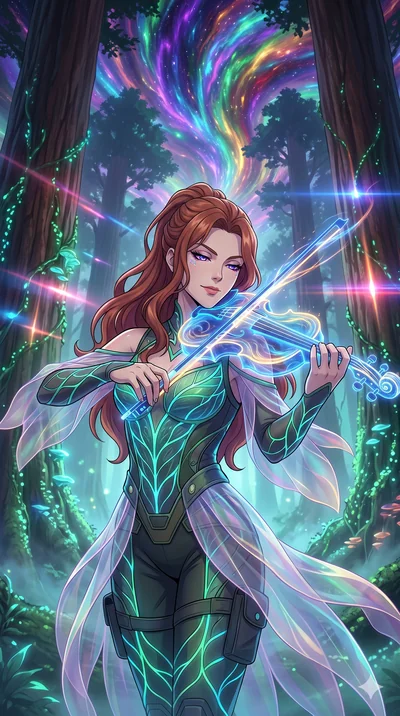 score_9, masterpiece, best quality, ultra-detailed, Set A: High-budget Anime Keyframe, Caucasian (human ears) woman. Upper body close-up from the thighs up, character filling the screen for maximum presence. Theme: Abstract Cosmic. playing a holograp