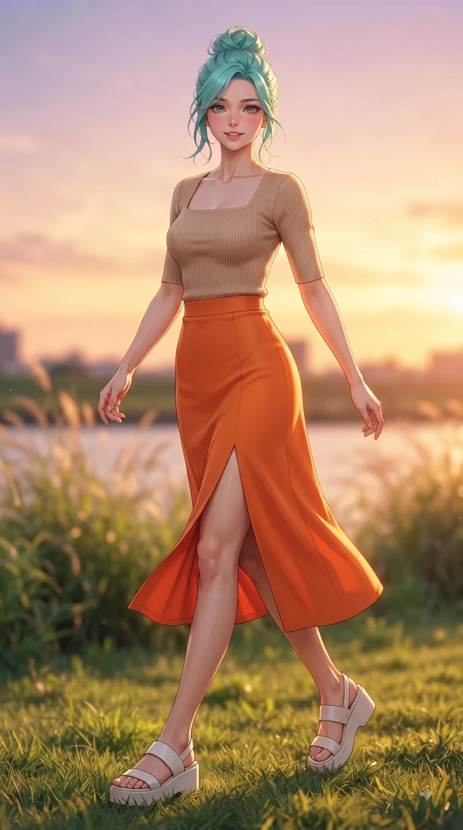 score_9, masterpiece, best quality, ultra-detailed, high-budget anime keyframe, editorial fashion photography, tasteful artistic composition, Japanese woman. low angle full-body shot from head to toe showing her feet, filling the entire 9:16 vertical frame with her statuesque presence, stretching her vertical silhouette. stepping forward gracefully in mid-motion with a delighted cute expression, displaying her statuesque model proportions while sitting gracefully on a picnic mat on a green riverfront park lawn during golden hour. The composition keeps background elements in soft focus with dreamy bokeh. swaying park grasses and sunset sky gradients softened in dreamy background focus. She has an absolutely perfect, statuesque 8.5-heads proportion, an exceptionally tall and slender model-like female figure with impossibly long slender legs and an ultra-slim waist. sharp v-shaped jawline, high-bridge nose, intricate jewel-like eyes with depth, thick eyelashes, glossy lips with a natural sheen, flawlessly proportioned anatomical accuracy, natural body alignment, perfectly sculpted elegant limbs, clean dynamic posture without body distortion. wearing a chic square-neck ribbed top paired with a flowing A-line midi skirt in bright burnt orange and warm beige, made of premium stretch jersey that follows her curves like a glove, featuring a sleek side leg slit ascending to mid-thigh, the sleek second-skin texture accentuating her magnetic presence. bathed in glorious golden hour sunset sunbeams and warm amber sky radiance. ultra-reflective glossy finish, specular highlights, metallic sheen, high-contrast stereoscopic depth, volumetric dynamic lighting, 2k, ultra detail, master piece, 9:16 ratio