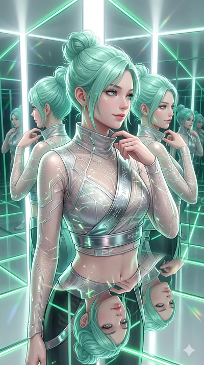 score_9, masterpiece, best quality, ultra-detailed, high-budget anime keyframe, semi-realistic 3D game render, Japanese woman. Upper body close-up from the thighs up, character filling the screen for maximum presence. Standing in a room of infinite m