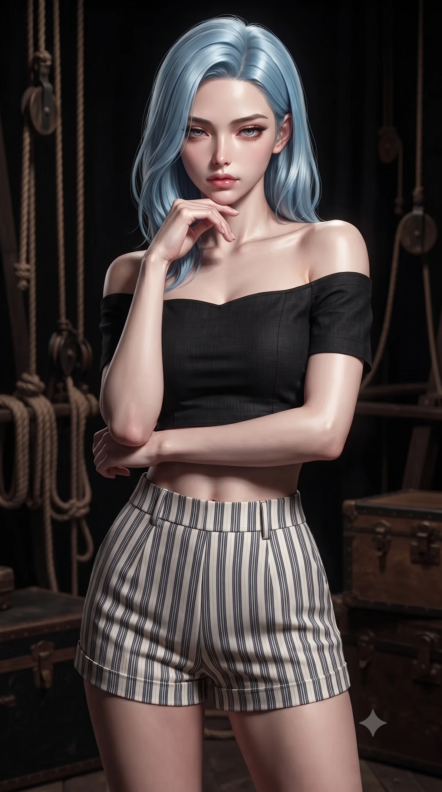 score_9, masterpiece, best quality, ultra-detailed, high-budget anime keyframe, editorial fashion photography, tasteful artistic composition, Korean woman. close-up cowboy shot from the waist and thighs up, the character dominates the composition, filling the frame with her large presence, background elements kept in soft focus. resting her chin on the backs of her fingers, casting a heavy-lidded, sultry look past the camera the background shows a soft-focus a vintage stage wing with ropes, pulleys, and wooden trunks in the dark. She has an exceptionally elegant, slender, and willowy female figure with an ultra-slim waist, a gracefully sculpted slender torso, and a refined silhouette. sharp v-shaped jawline, high-bridge nose, intricate jewel-like eyes with depth, thick eyelashes, glossy lips with a natural sheen. wearing a tailored chic off-shoulder crop top in black linen, paired with high-waisted striped resort shorts. dramatic chiaroscuro lighting focusing on her athletic, slender build. ultra-reflective glossy finish, specular highlights, metallic sheen, high-contrast stereoscopic depth, volumetric dynamic lighting, 2k, ultra detail, master piece, 9:16 ratio