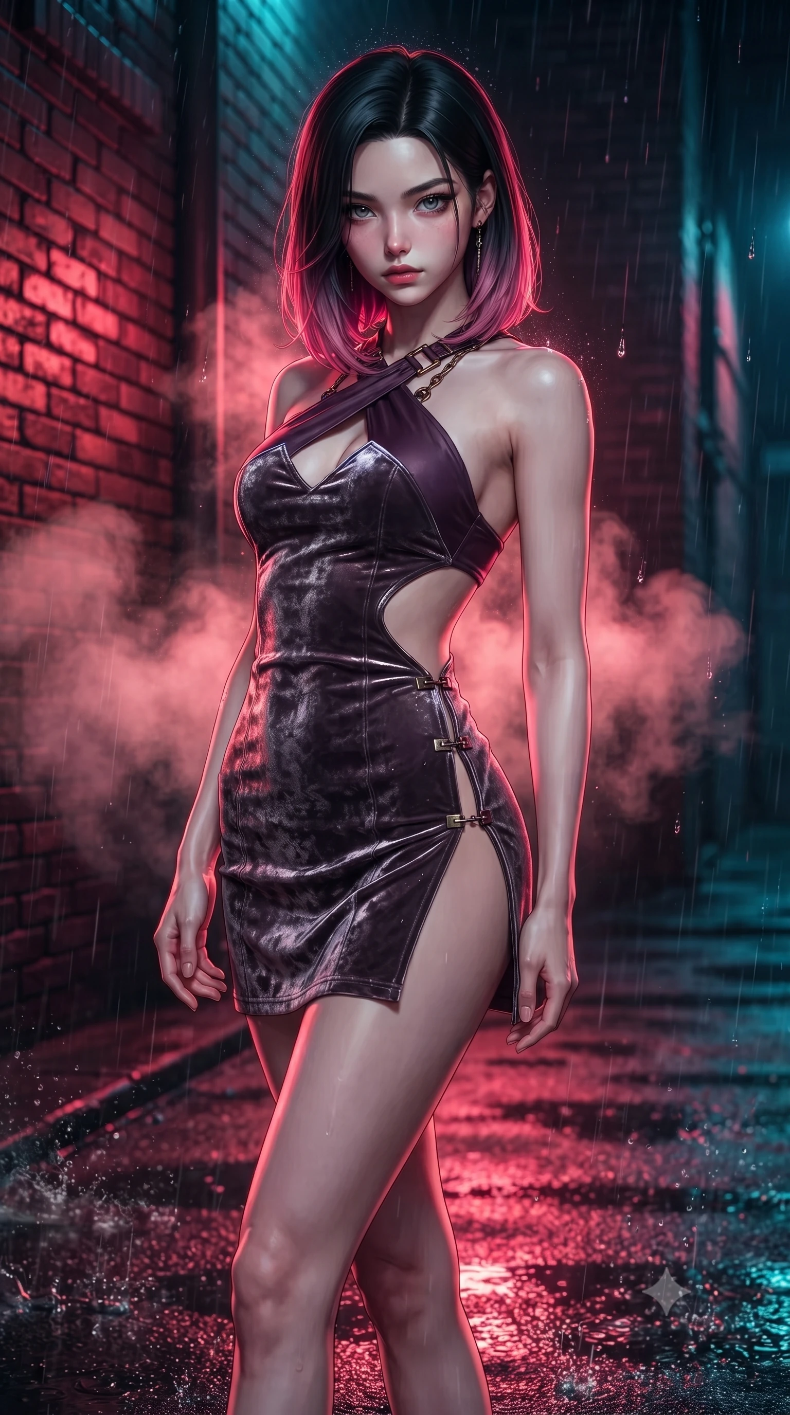 score_9, masterpiece, best quality, ultra-detailed, high-budget anime keyframe, editorial fashion photography, tasteful artistic composition, Korean woman. close-up cowboy shot from the waist and thighs up, the character dominates the composition, filling the frame with her large presence. gazing directly into the lens with bedroom eyes and a breathtaking, dangerous allure that commands the entire dark composition while arching her spine in a fluid motion as warm exhaust steam vents billow around her slender silhouette in the cold rain. The surrounding environment is rendered in vivid detail and crisp panoramic clarity. sharp splashing raindrop beads, wet asphalt reflections, and textured brick wall grain in deep focus. She has an exceptionally elegant, slender, and willowy female figure with an ultra-slim waist, a gracefully sculpted slender torso, toned flat midriff, and a refined slim silhouette. sharp v-shaped jawline, high-bridge nose, intricate jewel-like eyes with depth, thick eyelashes, glossy lips with a natural sheen, flawlessly proportioned anatomical accuracy, strict slender model proportions, natural body alignment, perfectly sculpted long slender limbs, ultra-slim waistline, clean dynamic posture without body distortion. wearing a molten gunmetal liquid-metal mini dress featuring deep side-waist cutouts and a daring crossover halter neckline in dark plum purple and antique bronze hardware, made of rich crushed velvet that catches deep directional light with soft gradients, finished with an ultra-high side slit secured by miniature magnetic clasps, the sleek second-skin cut tightly hugging her graceful clavicle, narrow waist, and feminine curves with athletic precision. bathed in vivid high-contrast neon crimson and deep cyan ambient rim lighting. ultra-reflective glossy finish, specular highlights, dark metallic sheen, deep chiaroscuro contrast, volumetric dynamic shadow lighting, 2k, ultra detail, master piece, 9:16 ratio