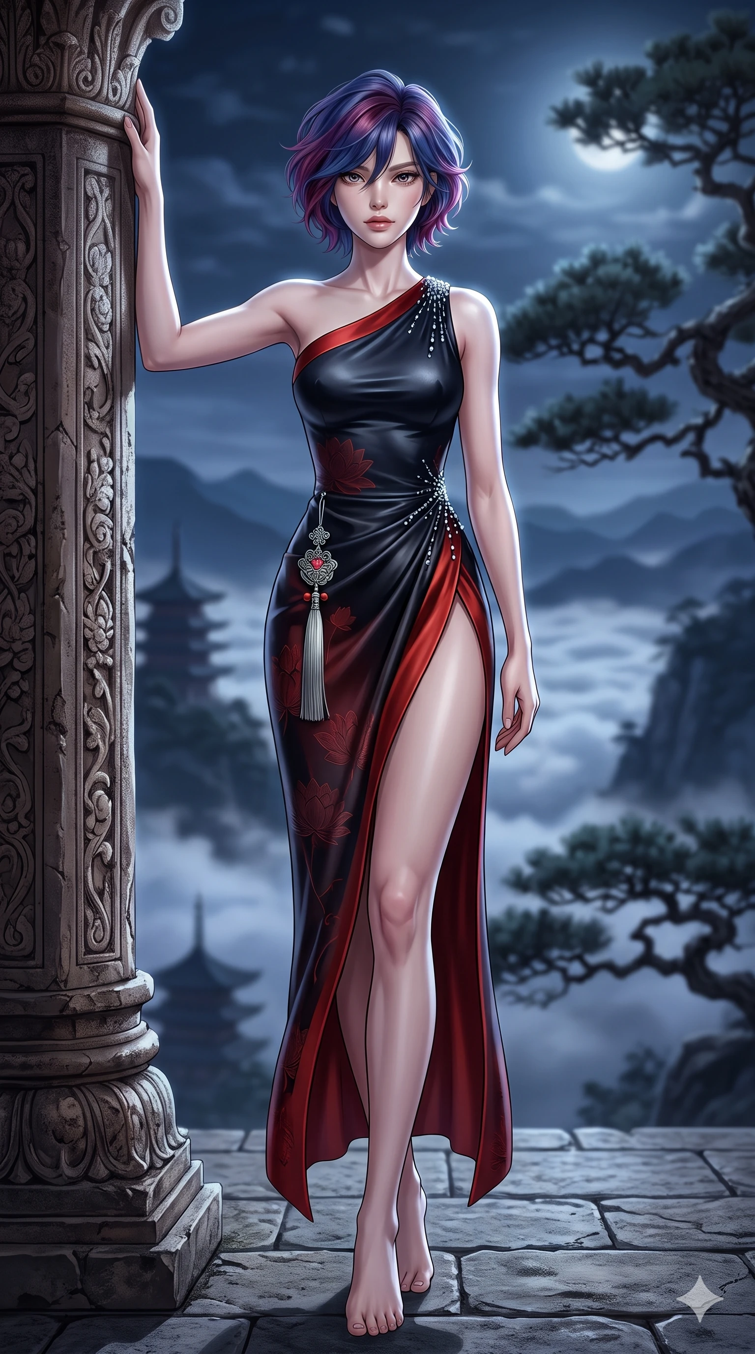score_9, masterpiece, best quality, ultra-detailed, high-budget anime keyframe, semi-realistic 3D game render, editorial fashion photography, tasteful artistic composition, Korean woman. low angle full-body shot from head to toe showing her feet, filling the entire 9:16 vertical frame with her statuesque presence, stretching her vertical silhouette. standing tall beside the architectural column, one hand resting high while arching her lower back to emphasize her sculpted feminine hips and slender waist while lounging back against the smooth granite rock propped on both elbows, her flat midriff and long slender legs commanding the panoramic mountain vista. The background shows a soft-focus sea of moonlit clouds filling the valley below, distant multi-tiered pagoda silhouettes, and gnarled ancient pines blurred into silver, indigo, and charcoal bokeh. She has an absolutely perfect, statuesque 8.5-heads proportion, an exceptionally tall and slender model-like female figure with impossibly long slender legs, an ultra-slim waist, a flat toned midriff, narrow delicate ribcage, and beautifully sculpted feminine hips creating a graceful, slim hourglass silhouette without any bulky heaviness. sharp v-shaped jawline, high-bridge nose, sparkling eyes with hypnotic seductive depth, thick curled eyelashes, glossy parted lips with a natural dewy peach sheen, alluring bedroom-eyes with an enchanting coquettish smile, exuding magnetic siren charisma and sophisticated glamour, flawlessly proportioned anatomical accuracy, strict slender model proportions, natural body alignment, perfectly sculpted long slender limbs, ultra-slim waistline, clean dynamic posture without body distortion. wearing an asymmetric one-shoulder liquid mercury silk dress with a dramatic hip-high wrap slit and norigae waist charm in midnight obsidian black and rich cinnabar red, tailored from rich silk jacquard with subtle embossed lotus blossom patterns, finished with glistening drops of night dew beading across her sculpted shoulders and flat midriff, the bespoke structured tailoring following the natural line of her 8.5-heads silhouette with refined elegance. illuminated by cloud sea upward bounce and sharp silver-topaz rim lights defining her razor-sharp jawline, narrow waist, and curvy hips. highly saturated vibrant anime colors, detailed shading with soft gradients, rich glossy textures, high-contrast stereoscopic depth, volumetric dynamic lighting, master piece, 9:16 ratio