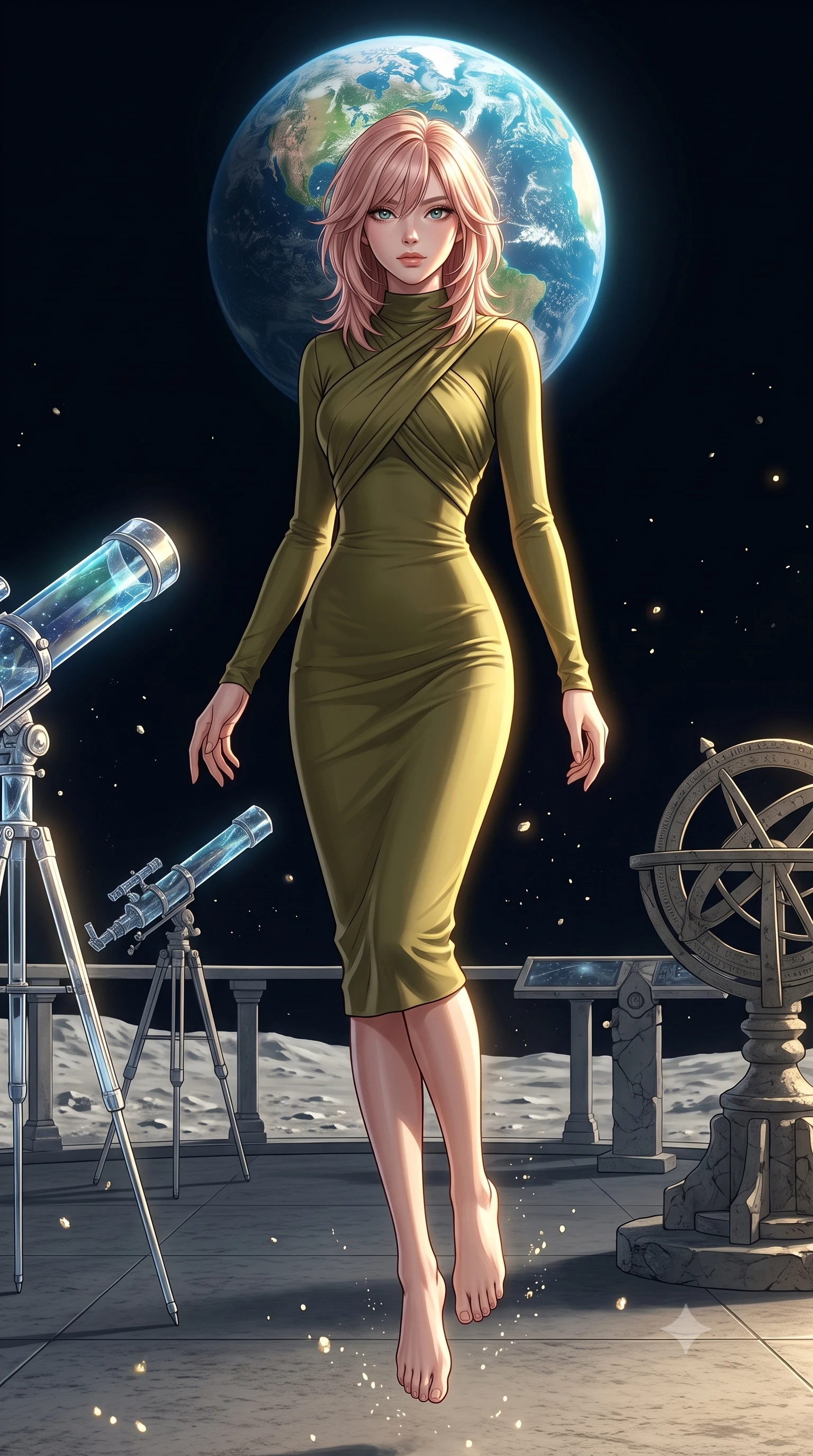 score_9, masterpiece, best quality, ultra-detailed, high-budget anime keyframe, editorial fashion photography, tasteful artistic composition, Japanese woman. low angle full-body shot from head to toe showing her feet, filling the entire 9:16 vertical frame with her statuesque presence, stretching her vertical silhouette. floating with ethereal lightness within an open-air observation terrace on the moon's surface with crystalline telescopes pointing toward the blue Earth hanging in the black sky lunar dust particles floating weightlessly around ancient stone instruments. She has a statuesque 8.5-heads proportion, an exceptionally tall, slender and willowy model-like build with impossibly long legs and a highly sculpted ultra-slim waist. sharp v-shaped jawline, high-bridge nose, intricate jewel-like eyes with depth, thick eyelashes, glossy lips with a natural sheen. wearing a long-sleeve bodycon dress in olive green, featuring a sophisticated cross-draped bodice and mock neck. dramatic chiaroscuro with a single golden key light sculpting her silhouette. 2k, ultra detail, master piece, 9:16 ratio